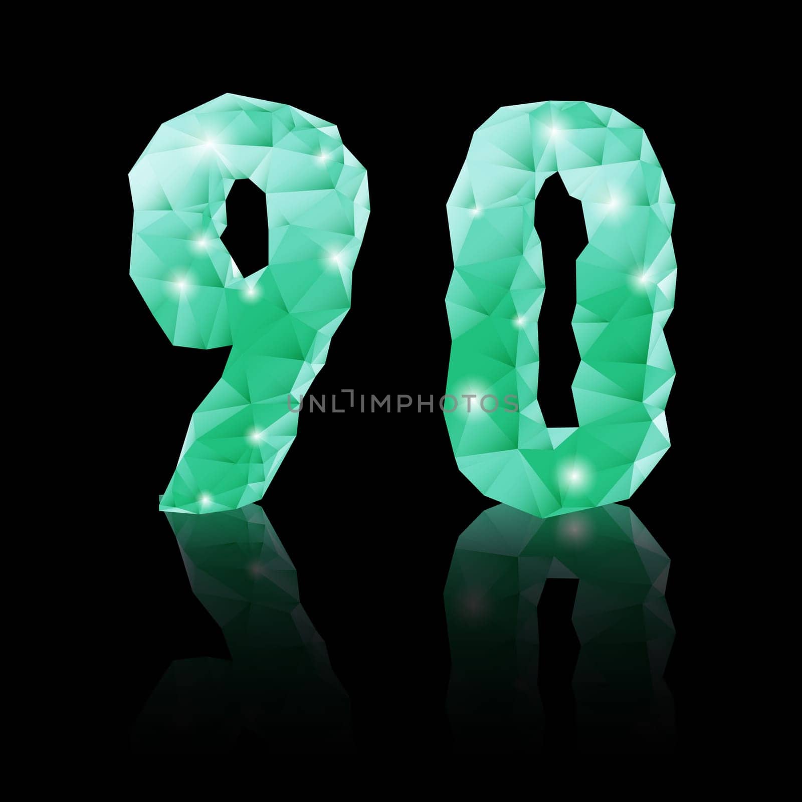 Shiny emerald green polygonal font with reflection on black background. Crystal style 9 and 0 numerals