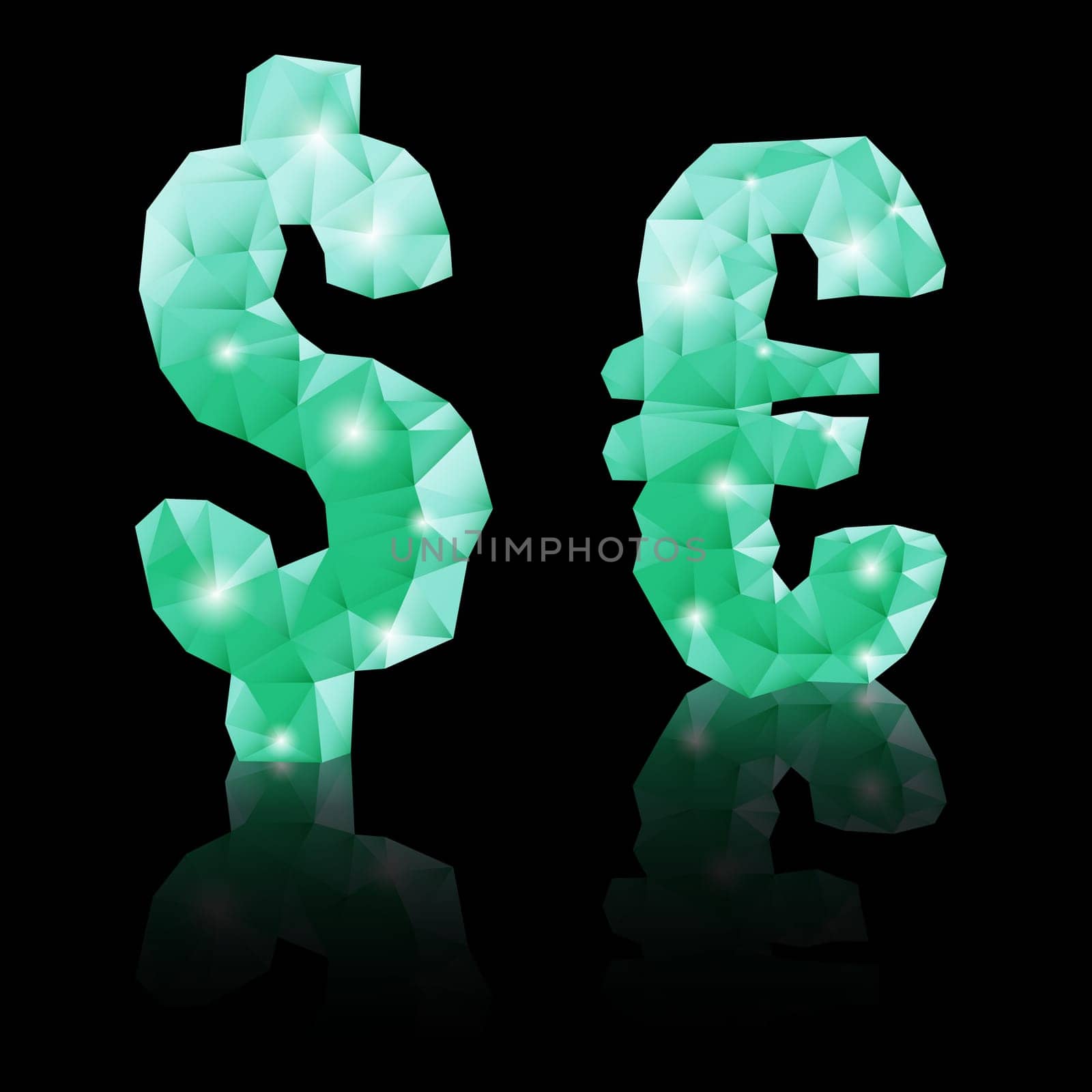 Shiny emerald green polygonal font with reflection on black background. Crystal style dollar and euro signs