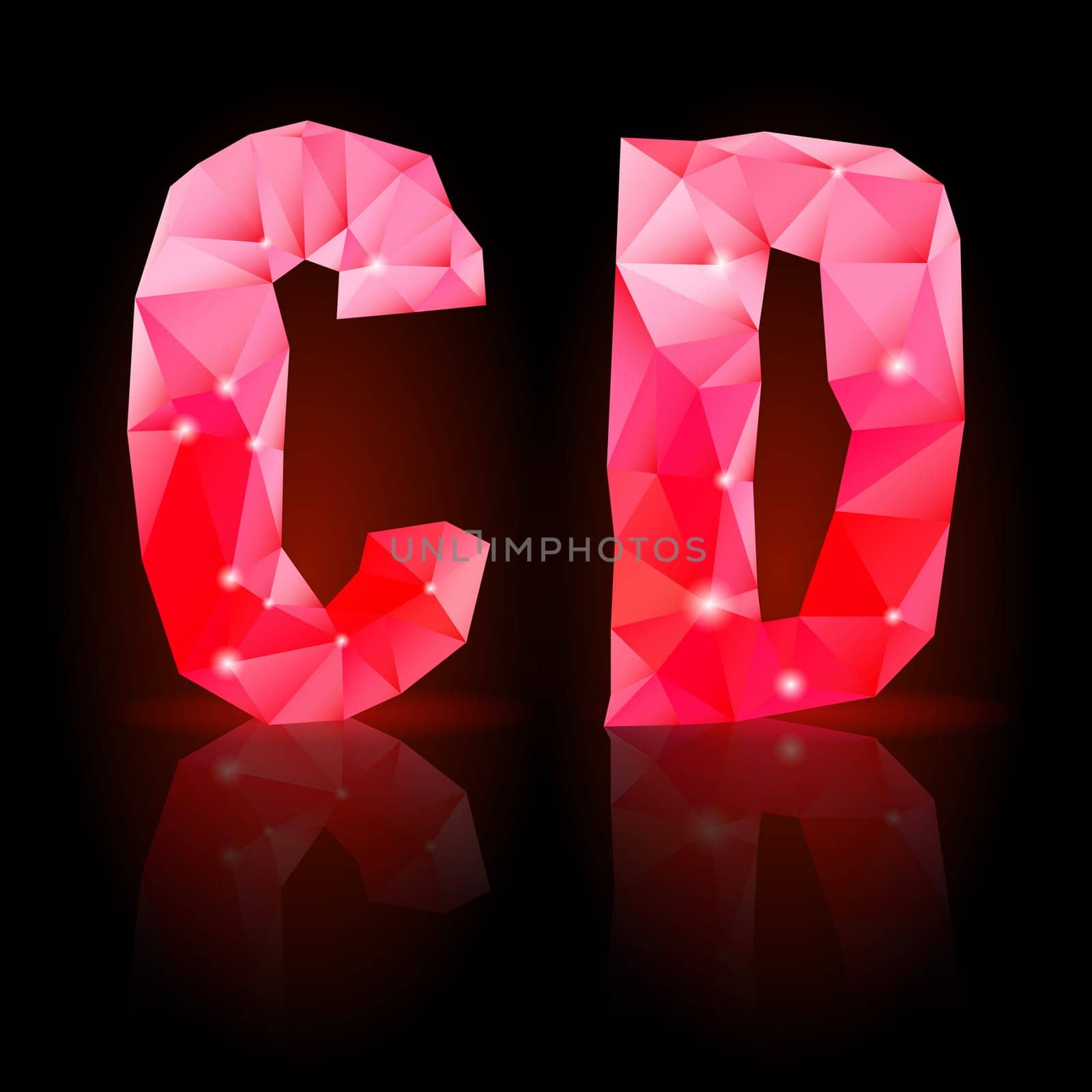 Shiny ruby polygonal font with reflection on black background. Crystal style C and D letters
