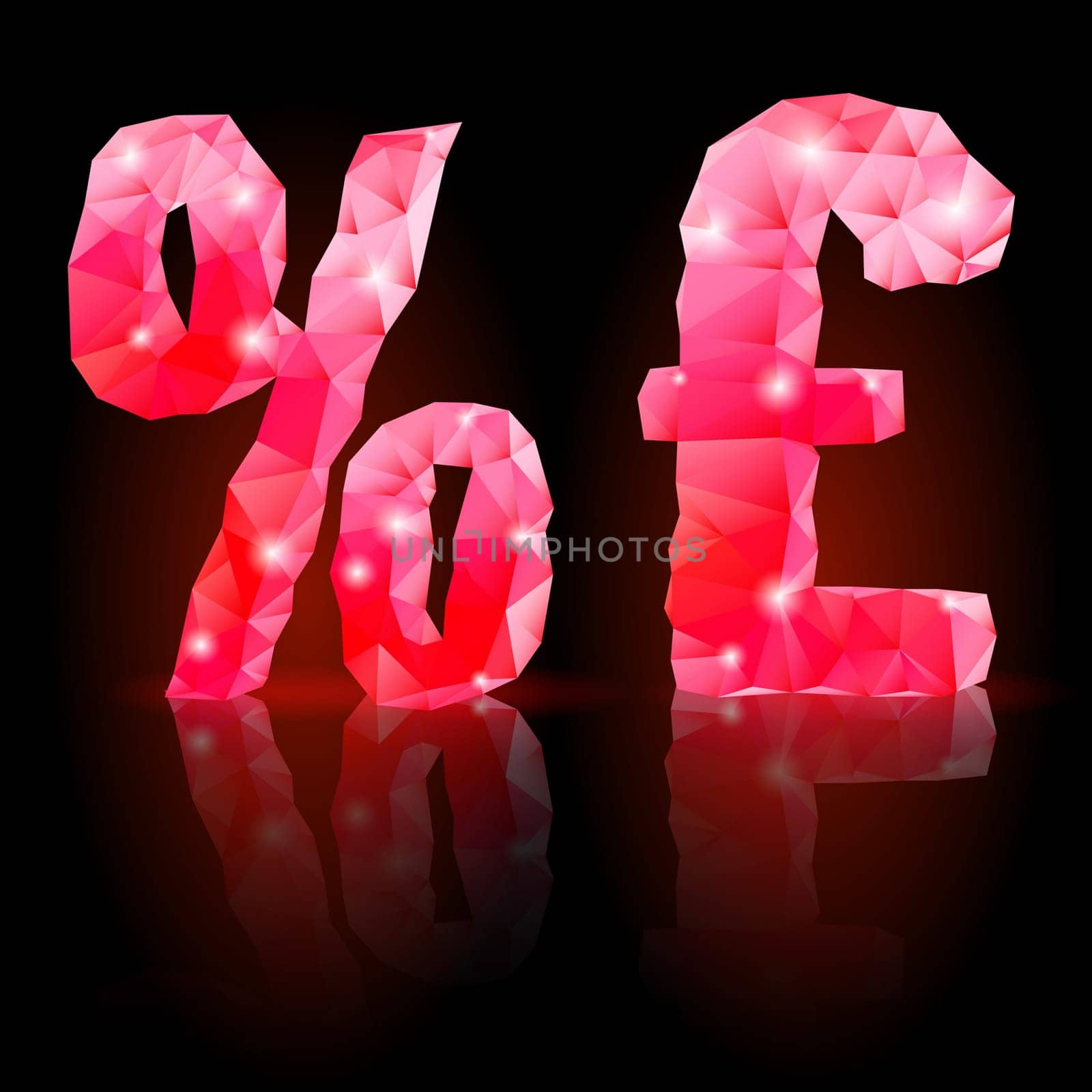 Shiny ruby polygonal font with reflection on black background. Crystal style per cent and pound sterling signs