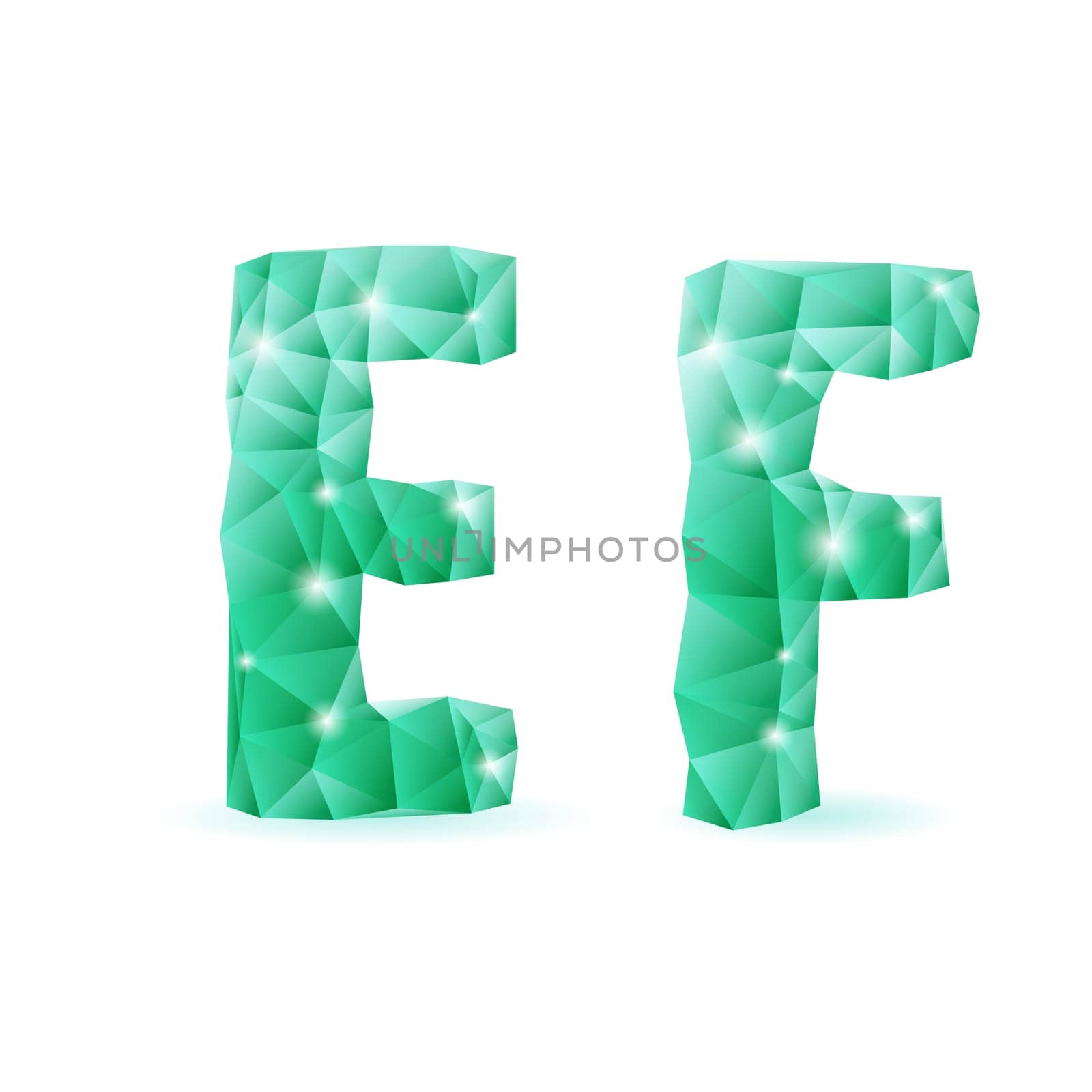Shiny emerald green polygonal font. Crystal style E and F letters