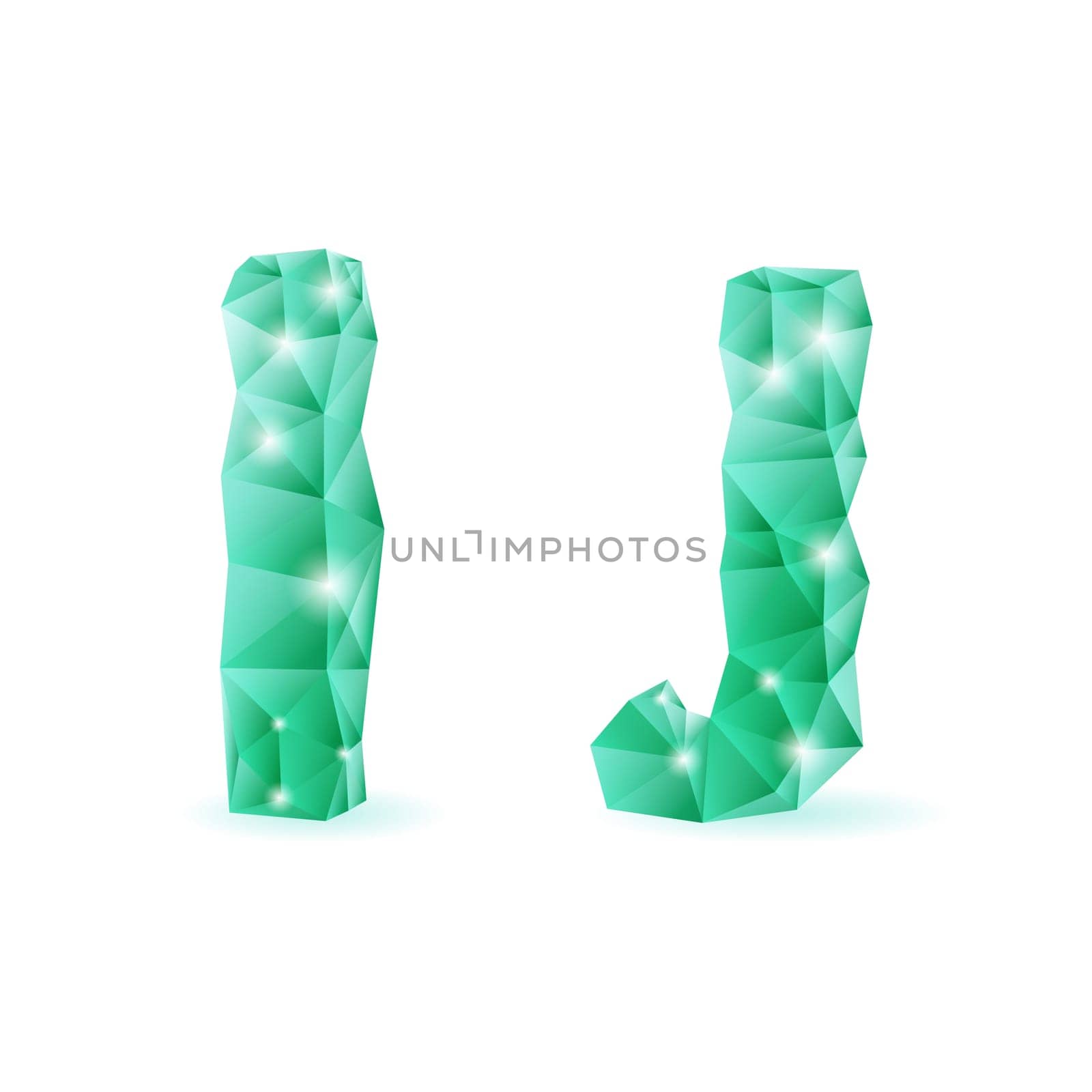 Shiny emerald green polygonal font. Crystal style I and J letters