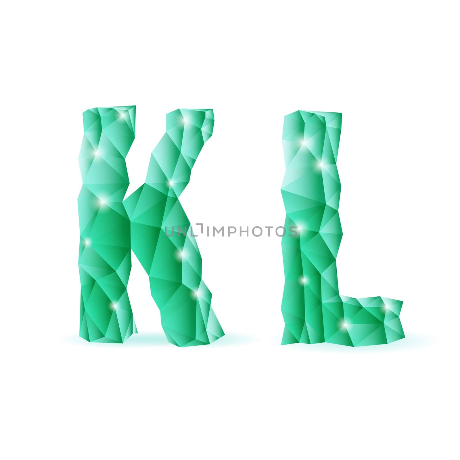 Shiny emerald green polygonal font. Crystal style K and L letters