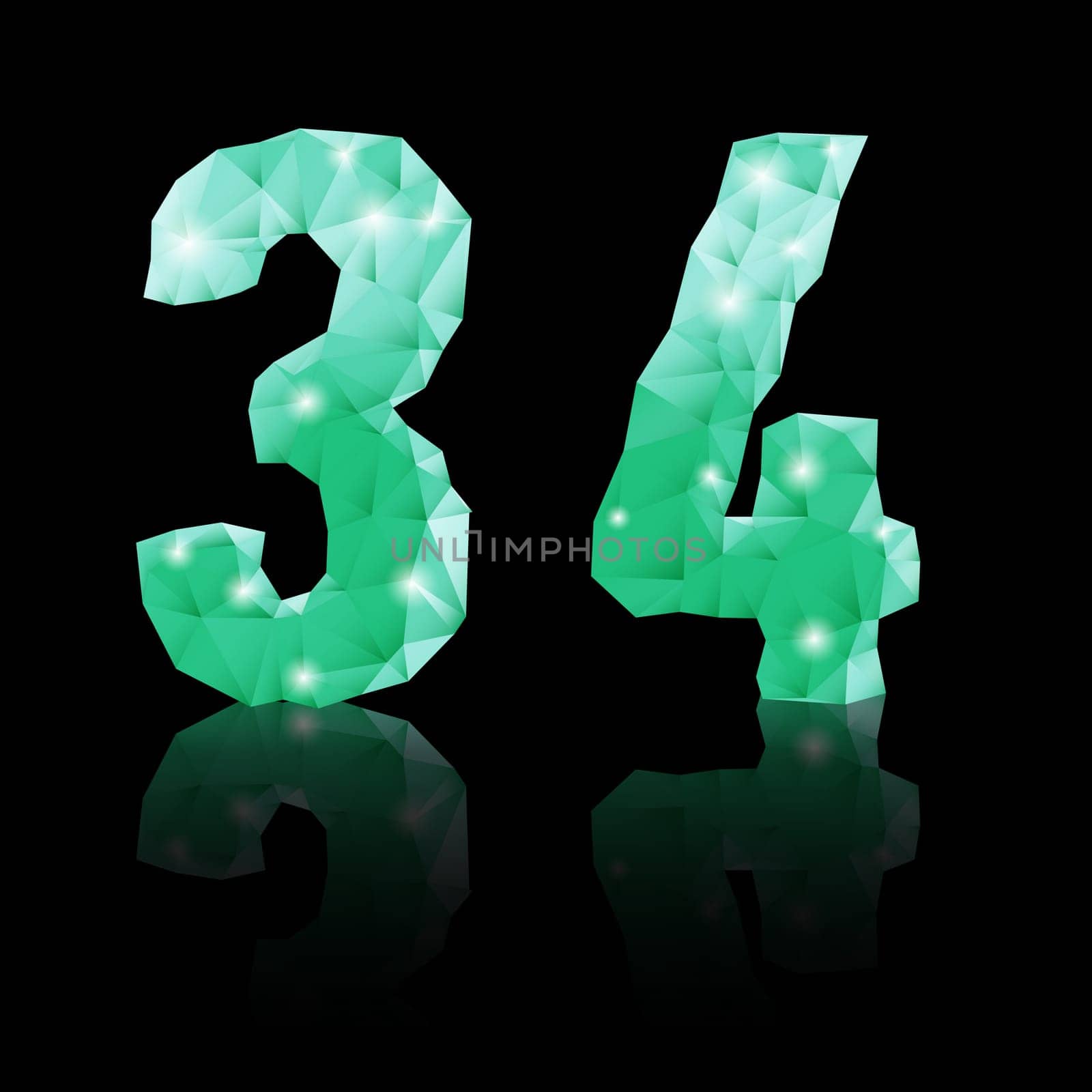 Shiny emerald green polygonal font with reflection on black background. Crystal style 3 and 4 numerals