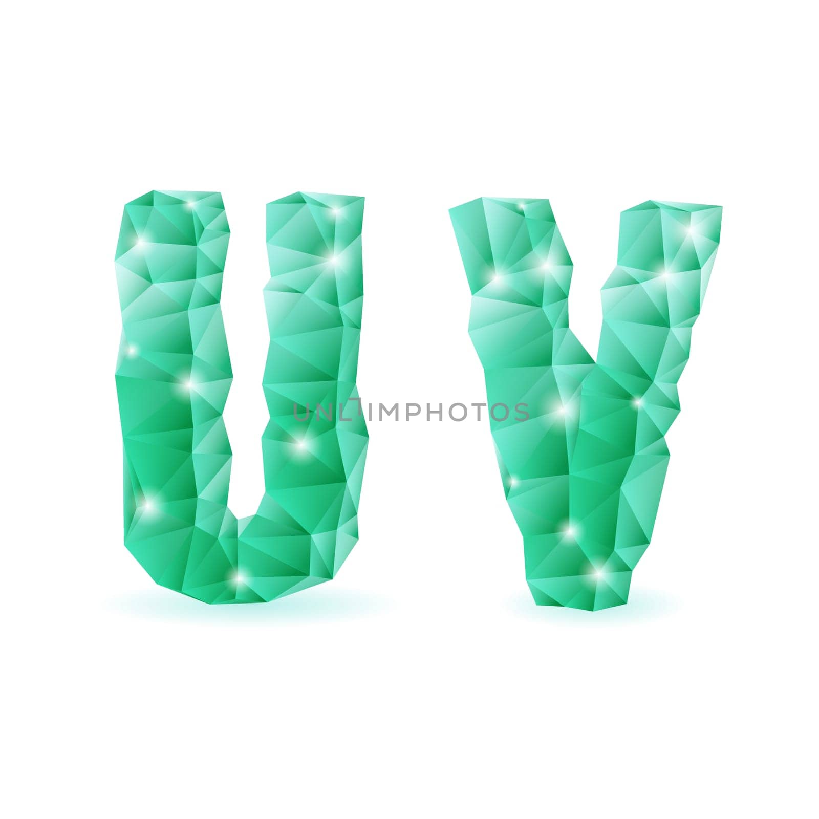 Shiny emerald green polygonal font. Crystal style U and V letters