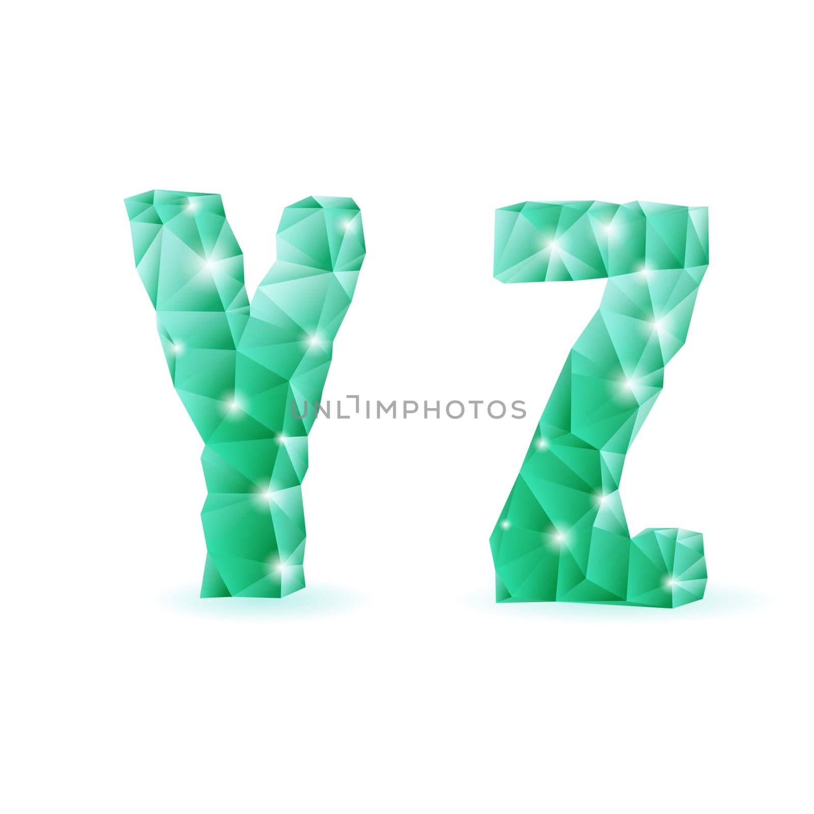 Shiny emerald green polygonal font. Crystal style Y and Z letters