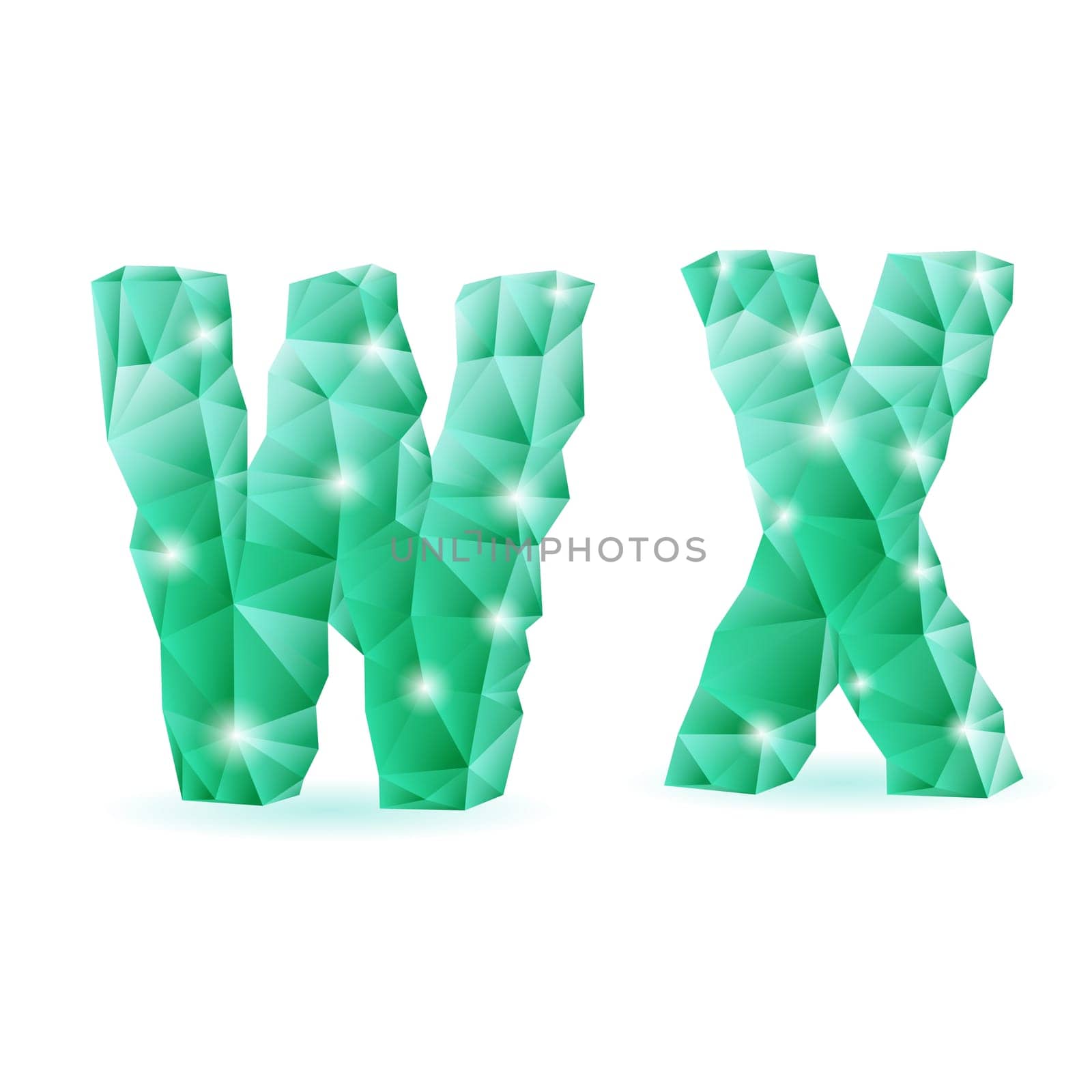 Shiny emerald green polygonal font. Crystal style W and X letters