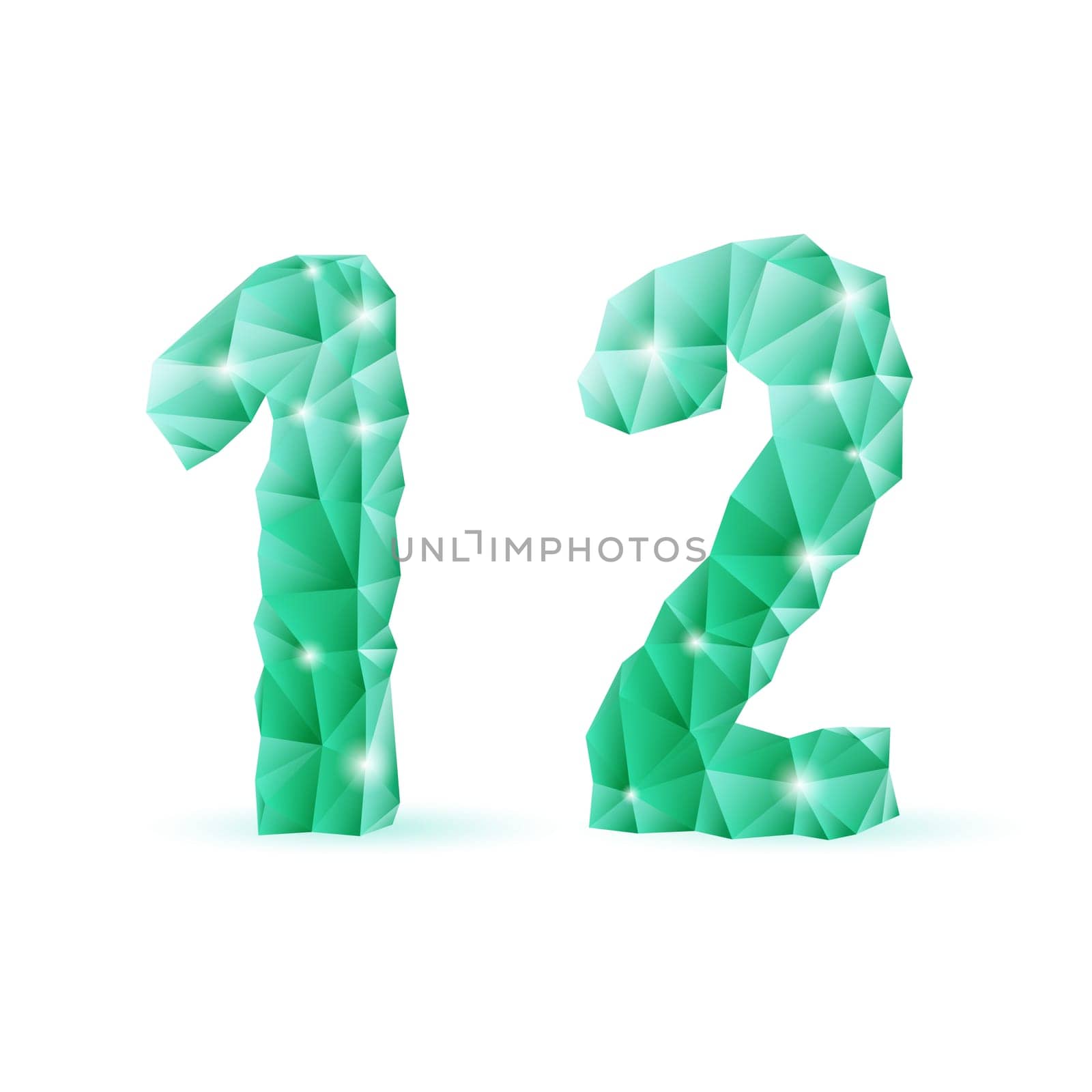 Shiny emerald green polygonal font on white background. Crystal style 1 and 2 numerals