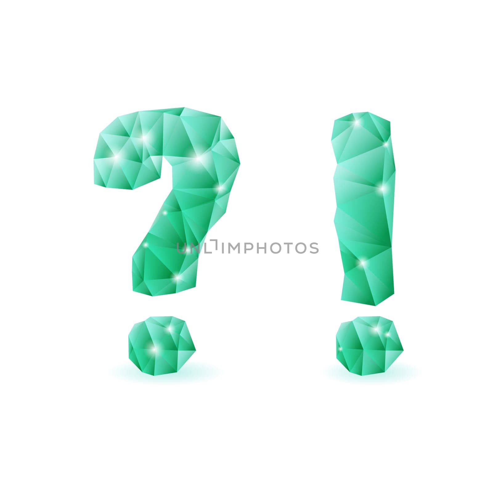 Shiny emerald green polygonal font. Crystal style question and exclamation marks