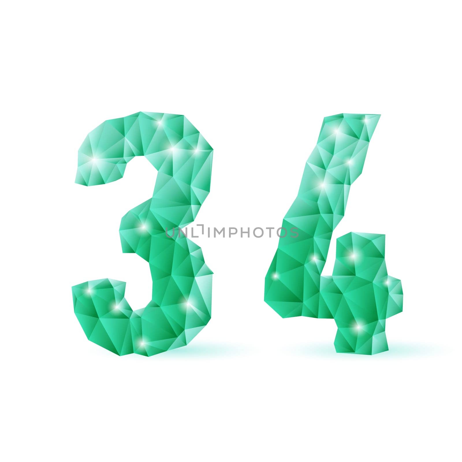 Shiny emerald green polygonal font on white background. Crystal style 3 and 4 numerals