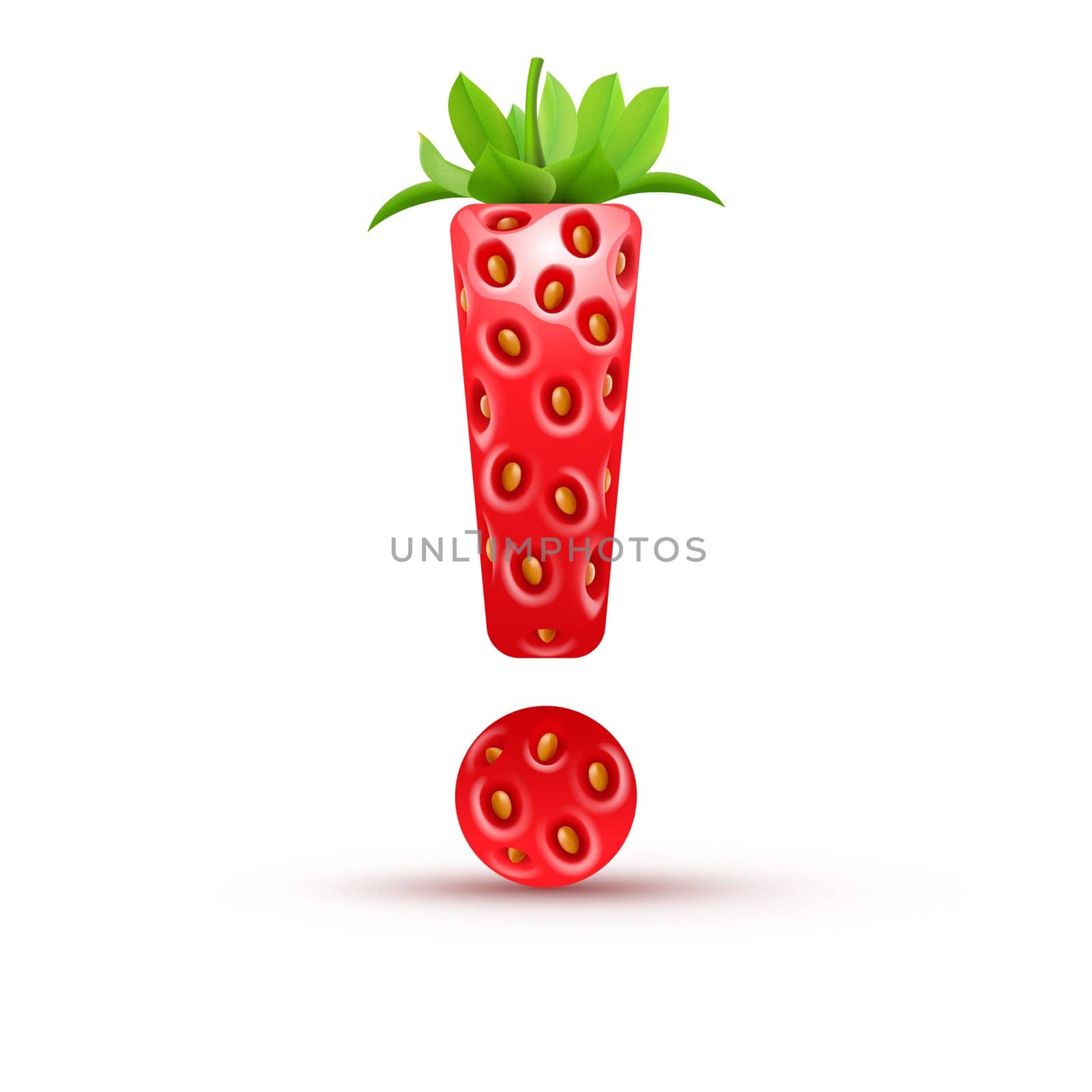 Exclamation point in strawberry style with green leaves