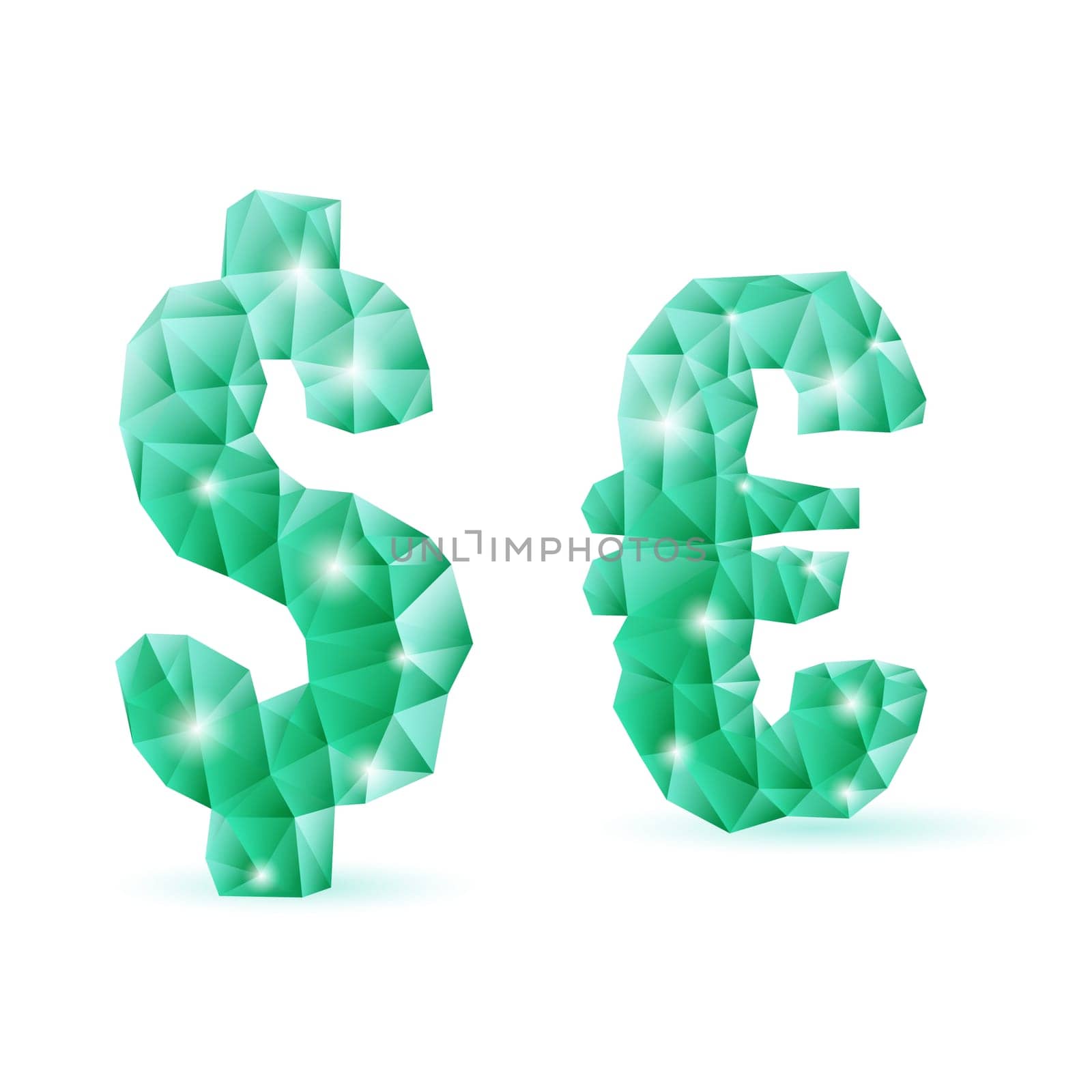 Shiny emerald green polygonal font. Crystal style dollar and euro signs