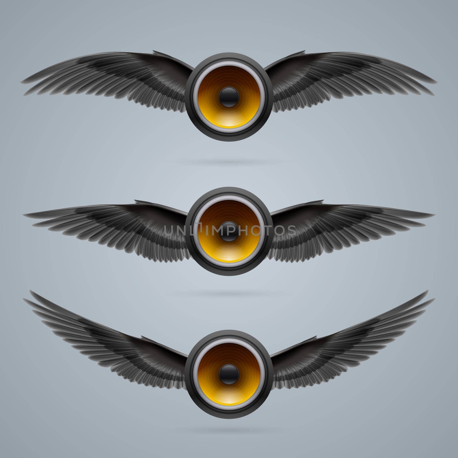 Three music speakers with two crow wings each.
