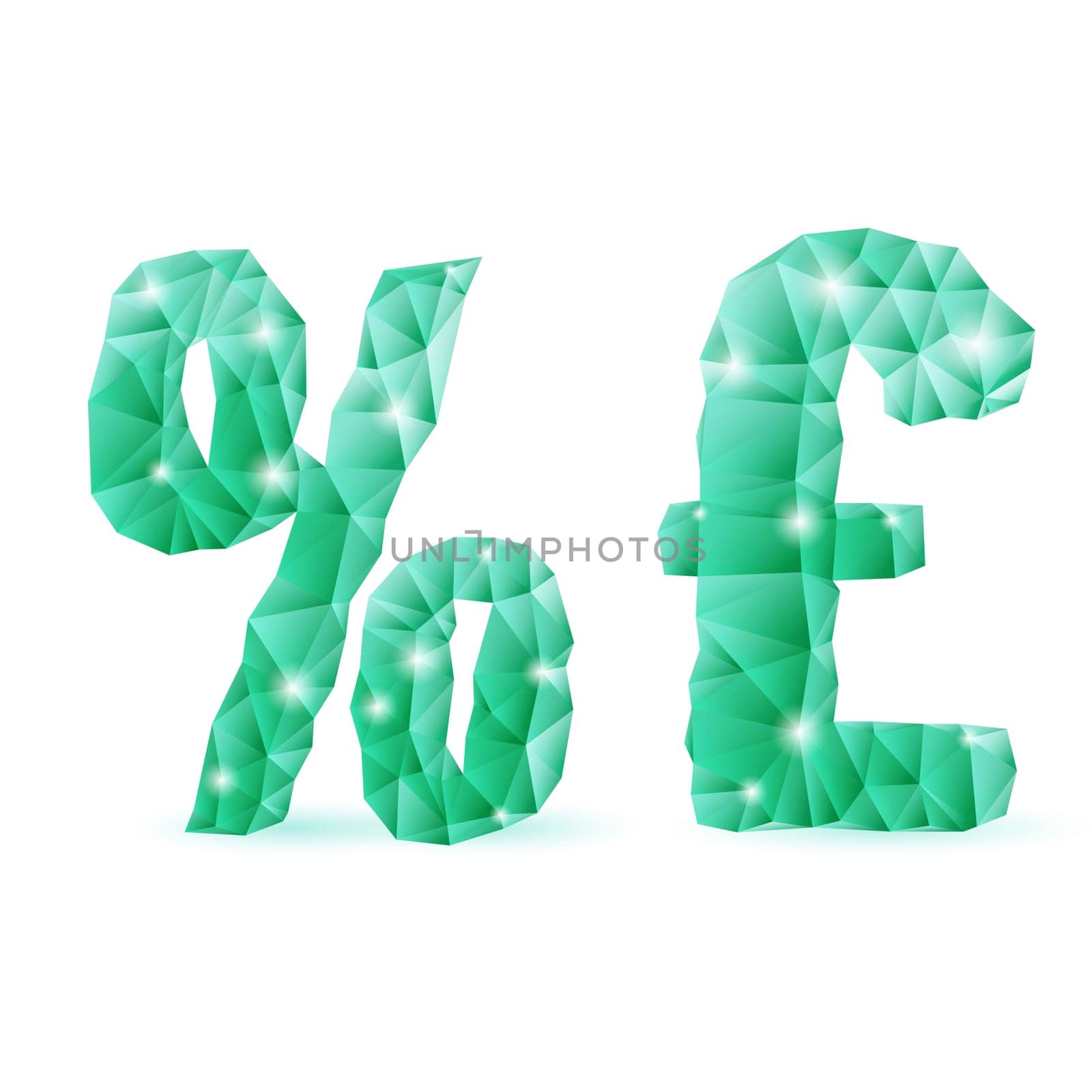 Shiny emerald green polygonal font. Crystal style per cent and pound sterling signs