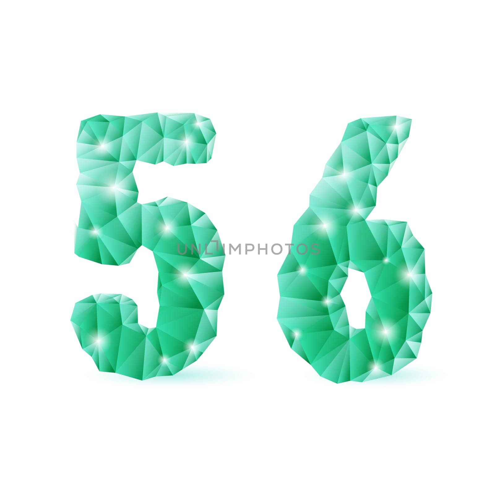 Shiny emerald green polygonal font on white background. Crystal style 5 and 6 numerals