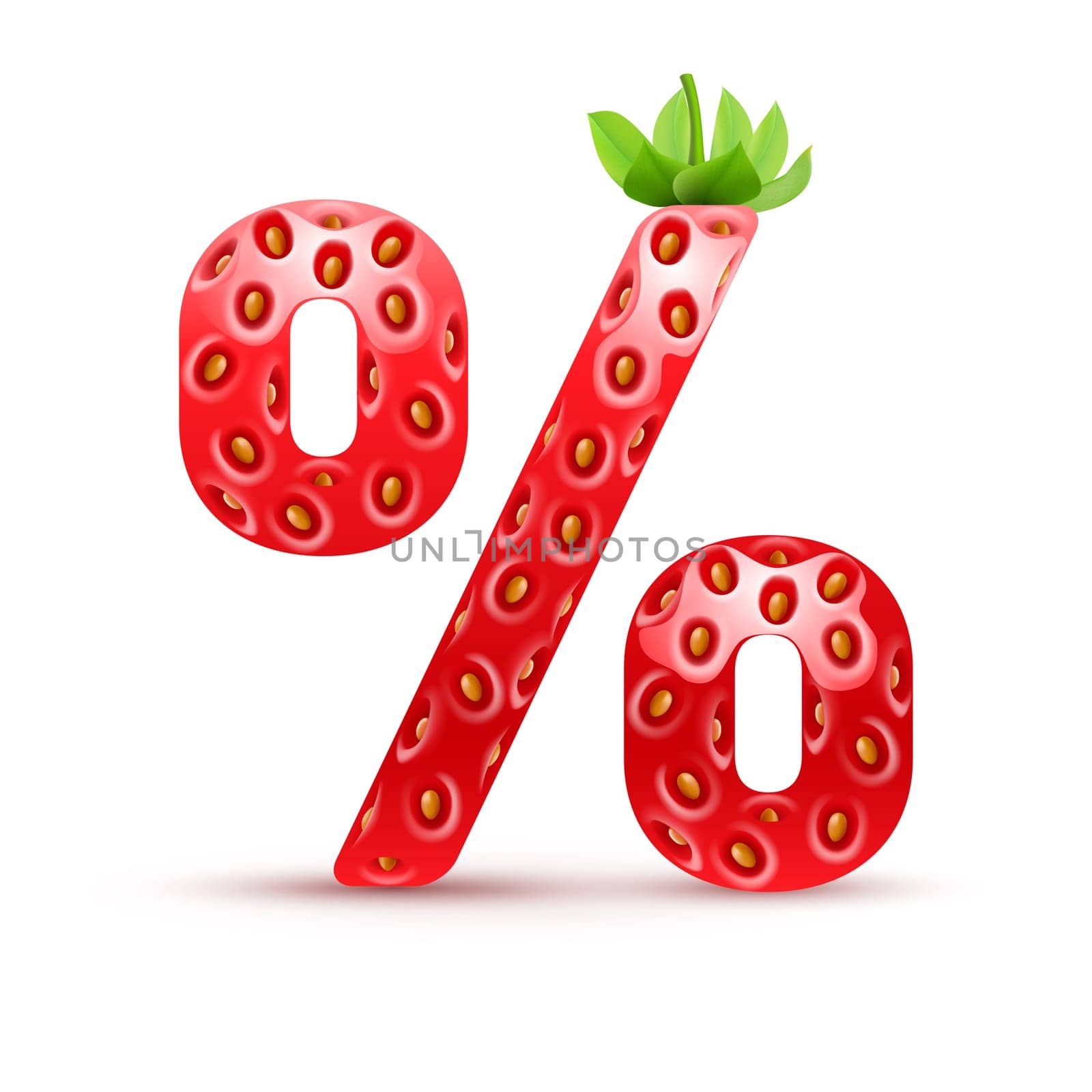 Percent symbol in strawberry style with green leaves