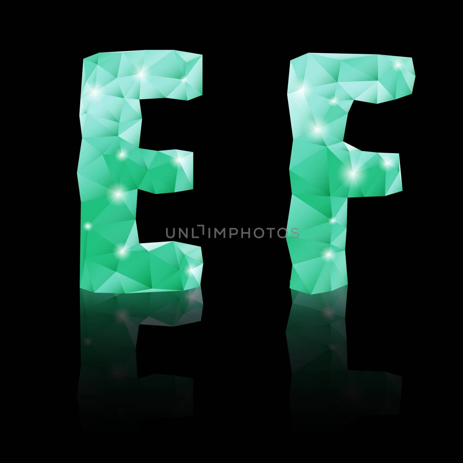 Shiny emerald green polygonal font with reflection on black background. Crystal style E and F letters