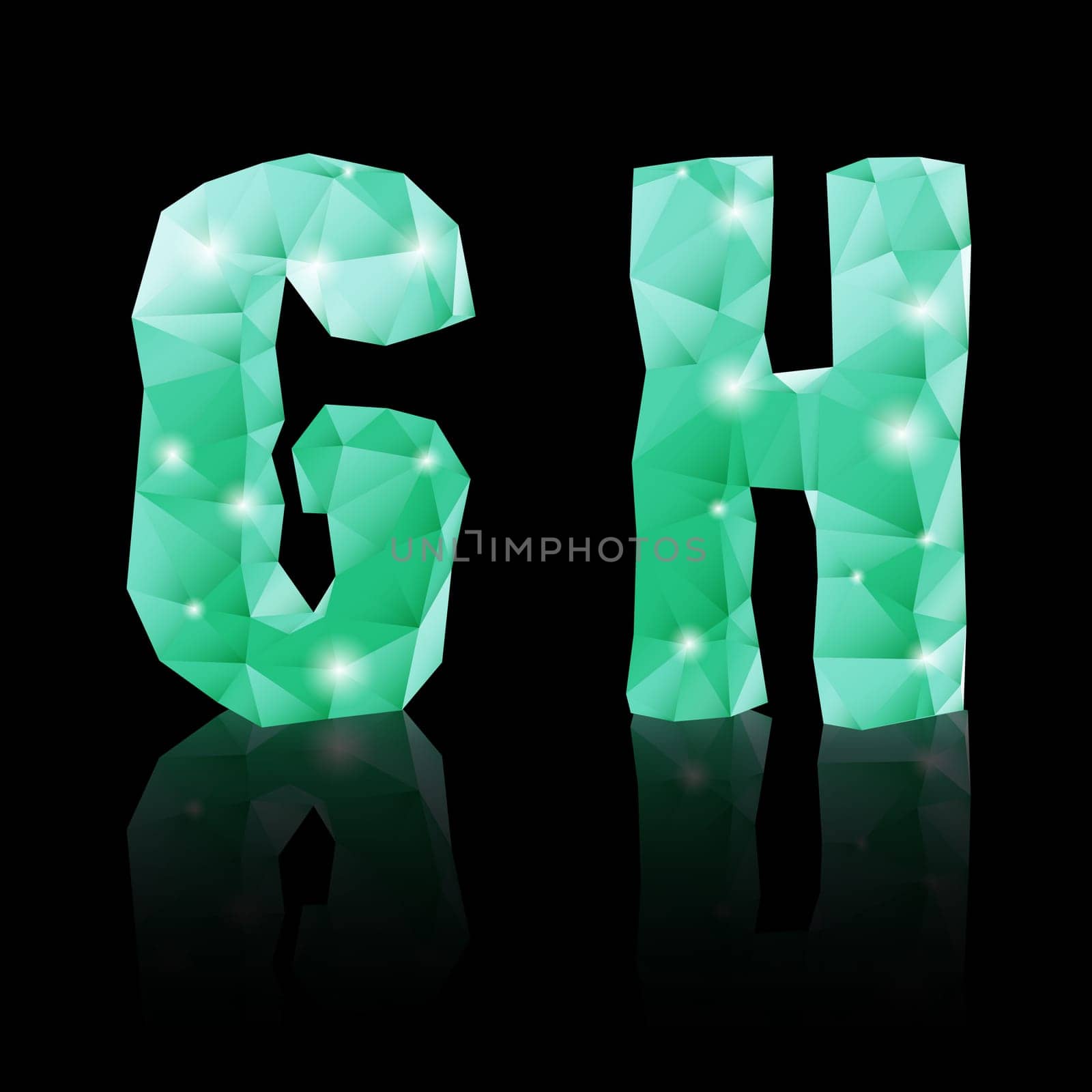 Shiny emerald green polygonal font with reflection on black background. Crystal style Gand H letters