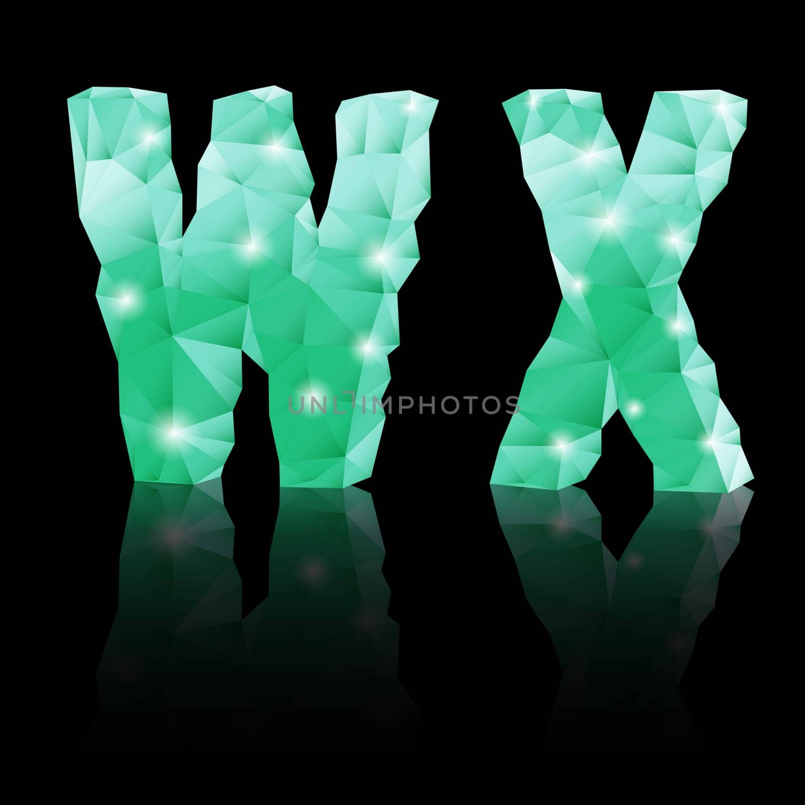 Shiny emerald green polygonal font with reflection on black background. Crystal style W and X letters