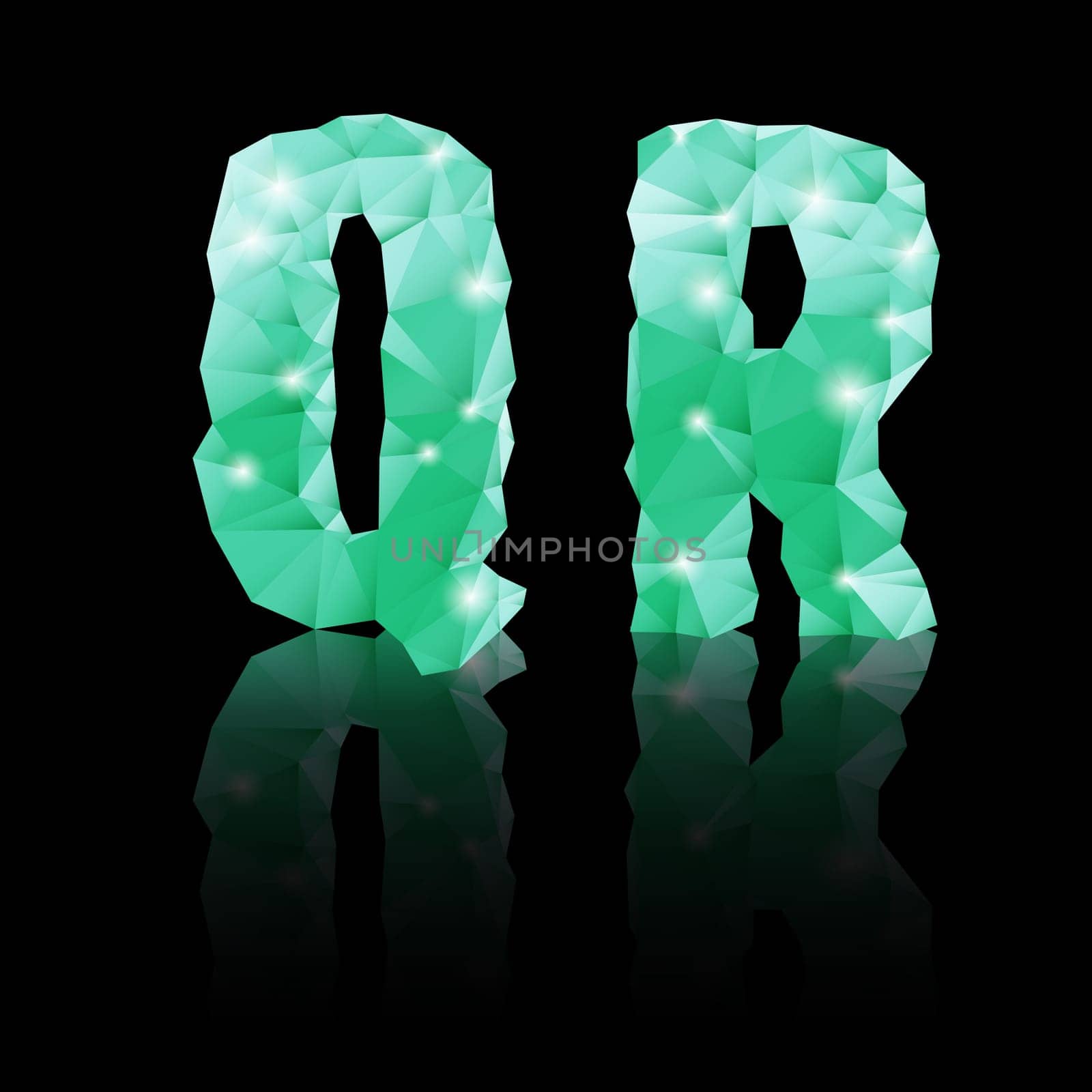 Shiny emerald green polygonal font with reflection on black background. Crystal style Q and R letters
