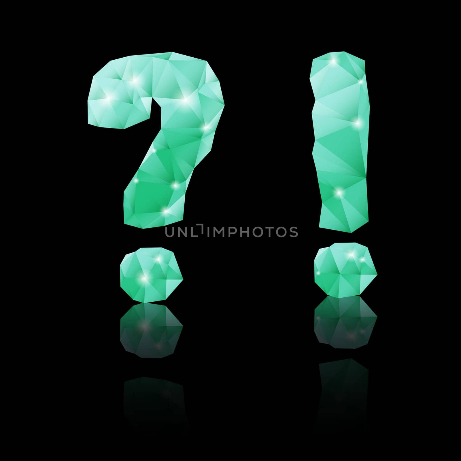 Shiny emerald green polygonal font with reflection on black background. Crystal style question and exclamation marks