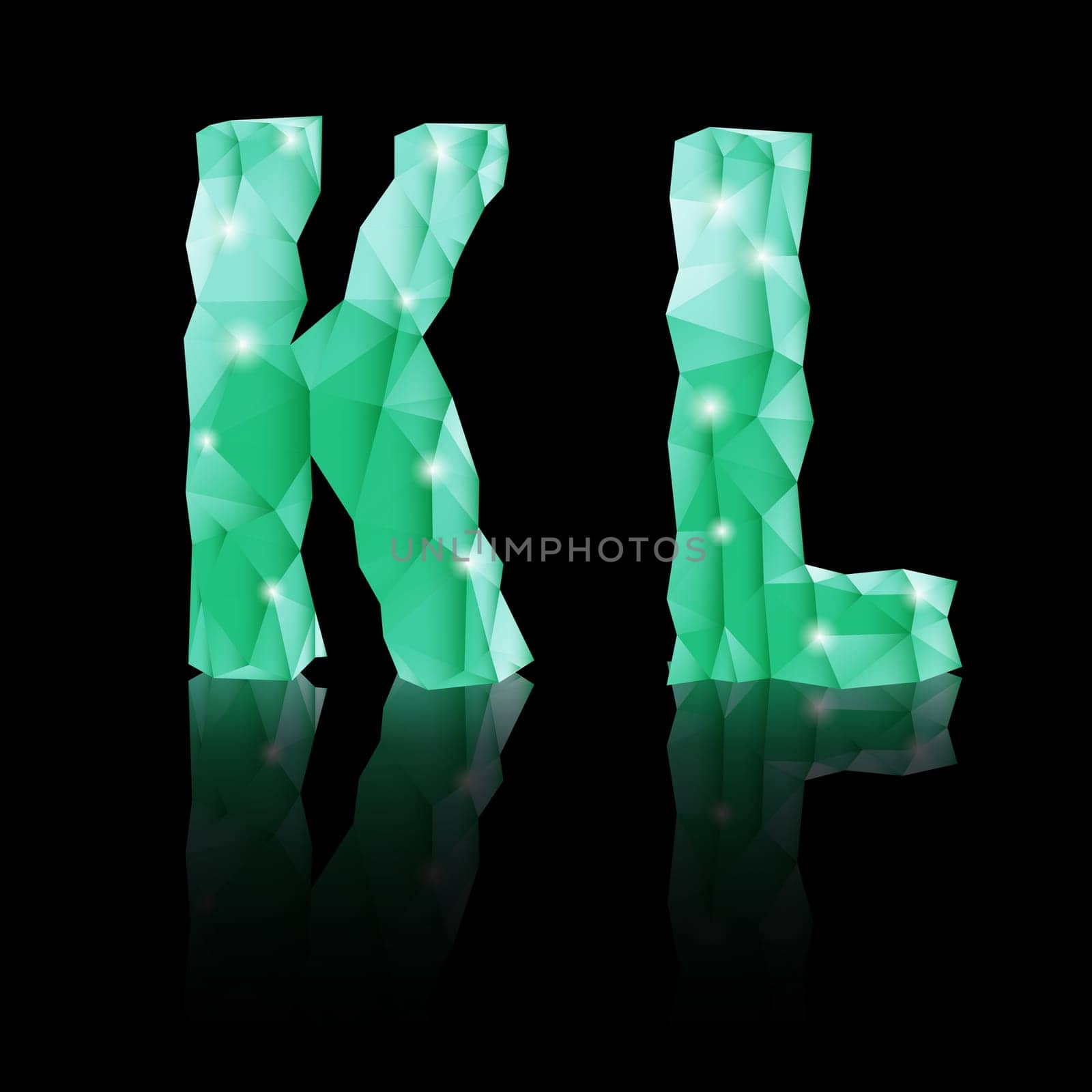 Shiny emerald green polygonal font with reflection on black background. Crystal style K and L letters