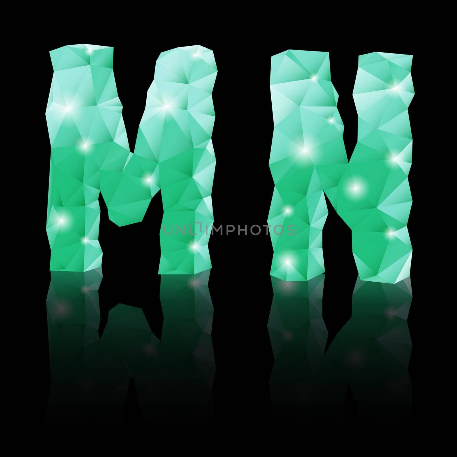 Shiny emerald green polygonal font with reflection on black background. Crystal style M and N letters