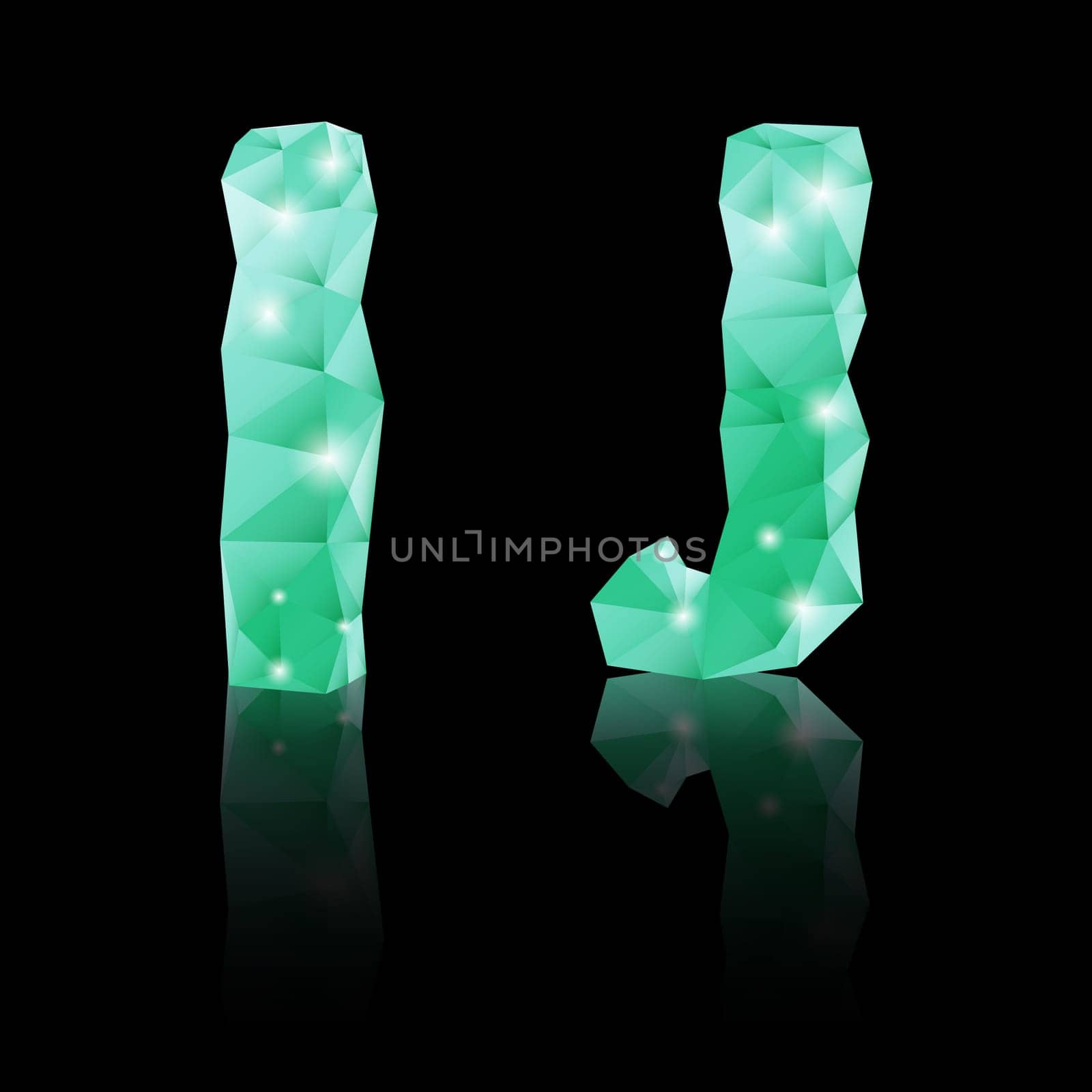 Shiny emerald green polygonal font with reflection on black background. Crystal style I and J letters