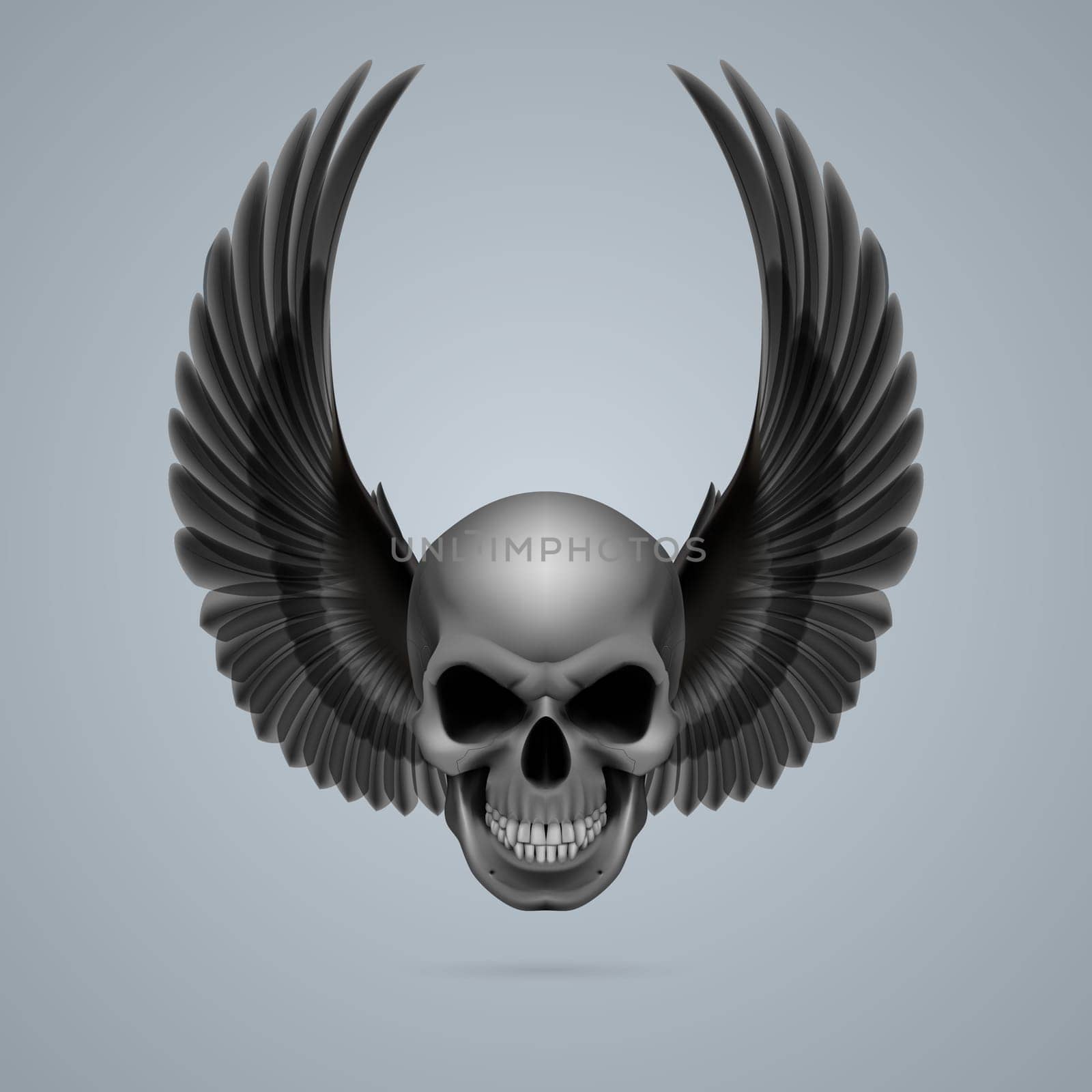 Evil looking skull with two black wings up.
