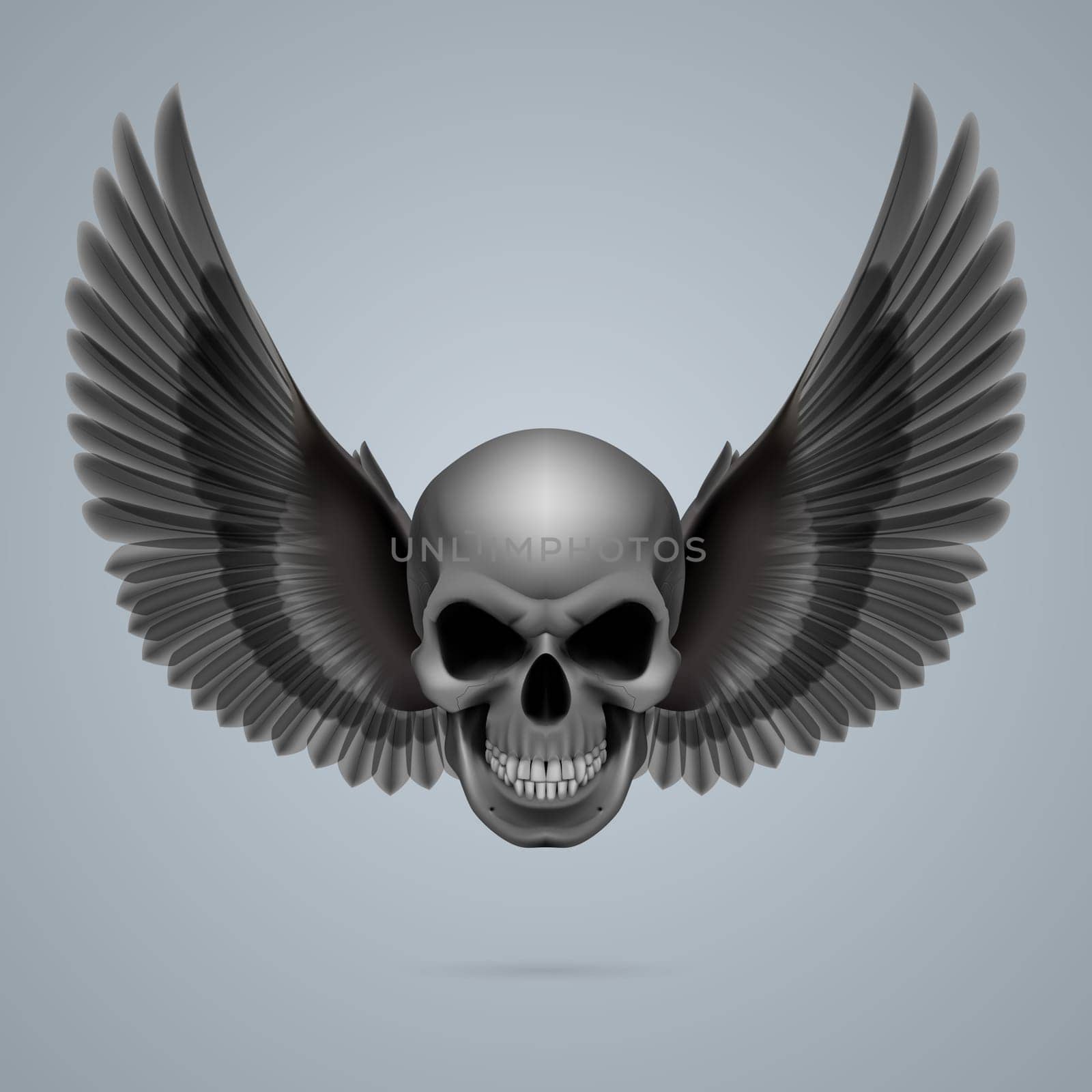 Evil looking skull with two crow wings.