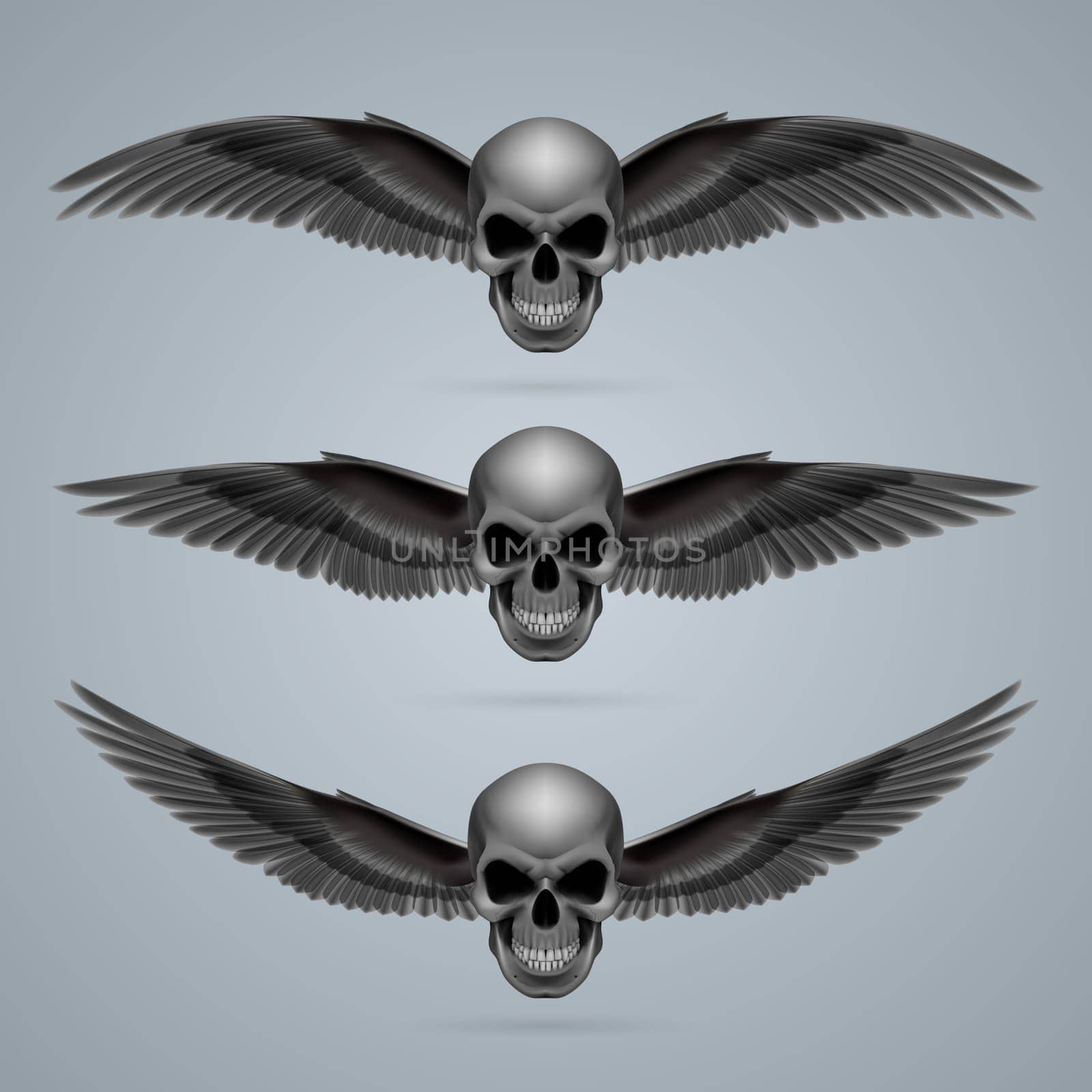 Three evil looking skulls with two wings each.