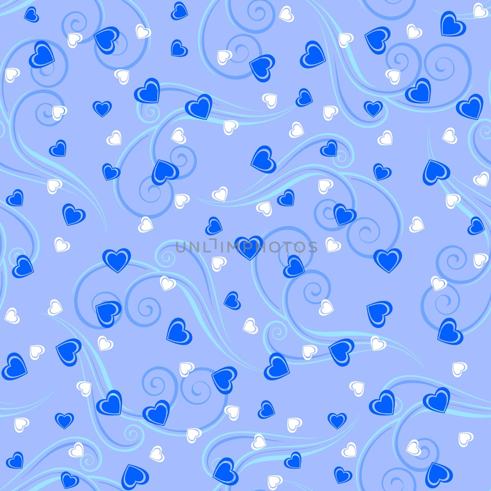 Seamless pattern background with hearts and tendrils in blue colors