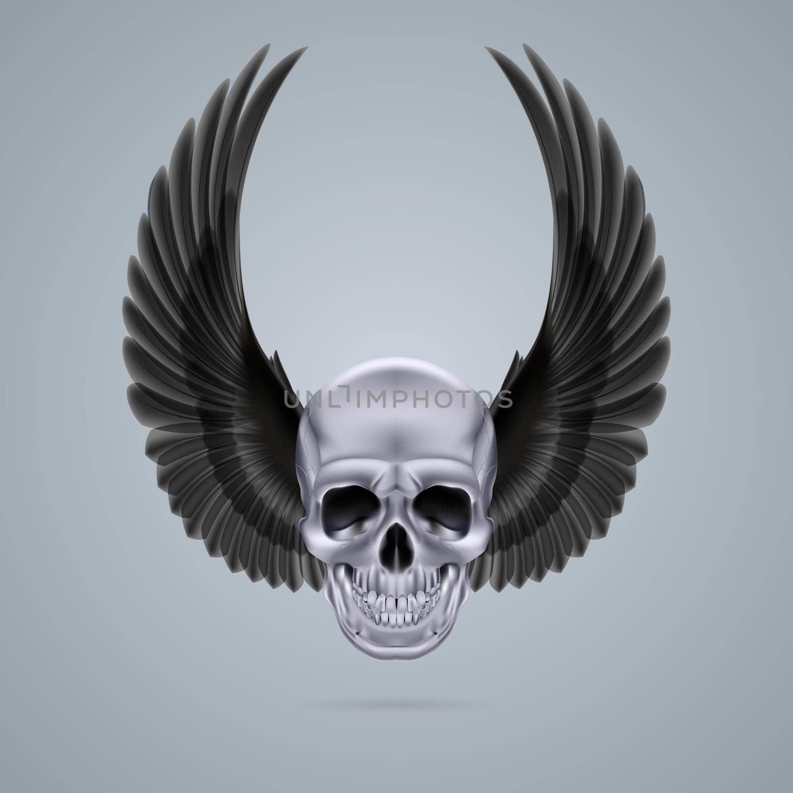 Human skull with two raised crow wings.