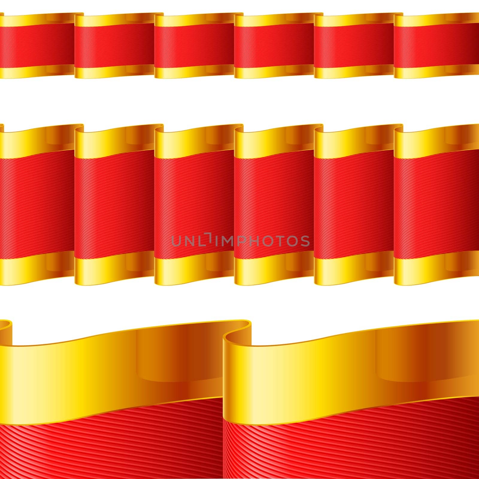 Red ribbons with golden edging. Fabric with highly detailed texture