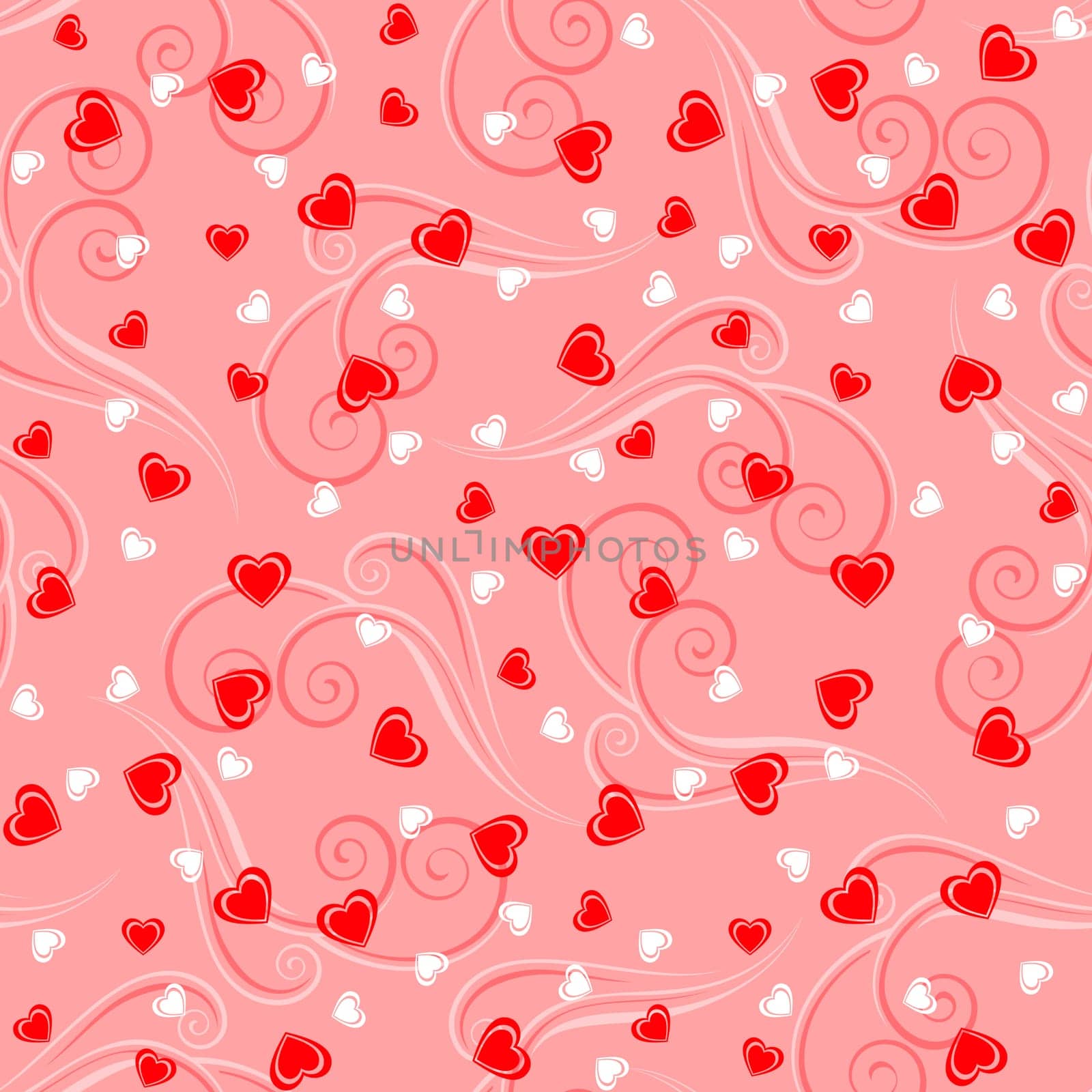 Seamless pattern background with hearts and tendrils in red colors