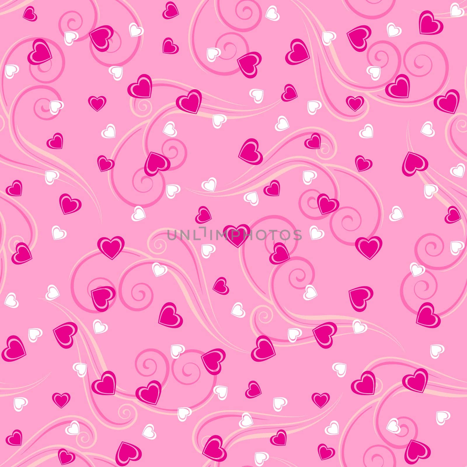 Seamless pattern background with hearts and tendrils in pink colors