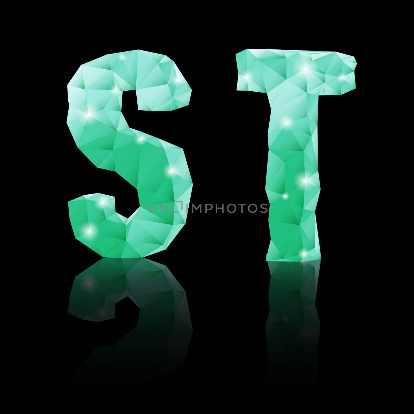 Shiny emerald green polygonal font with reflection on black background. Crystal style S and T  letters