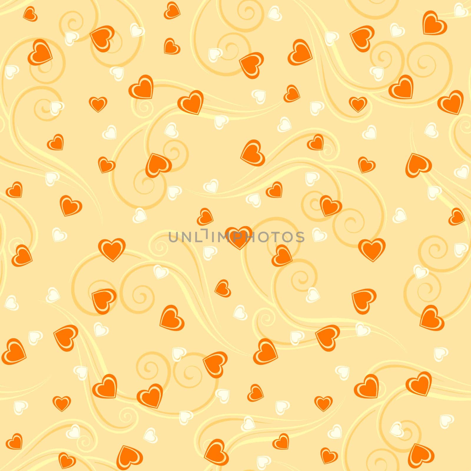 Seamless pattern background with hearts and tendrils in yellow colors