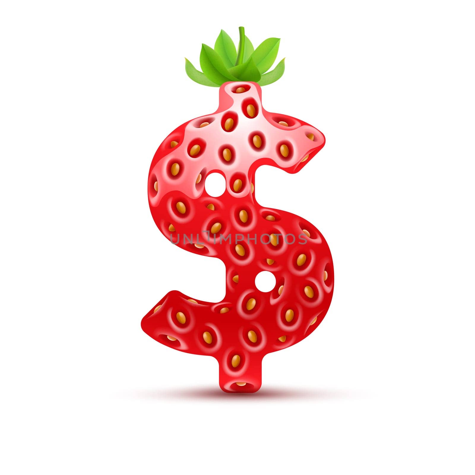 Dollar symbol in strawberry style with green leaves