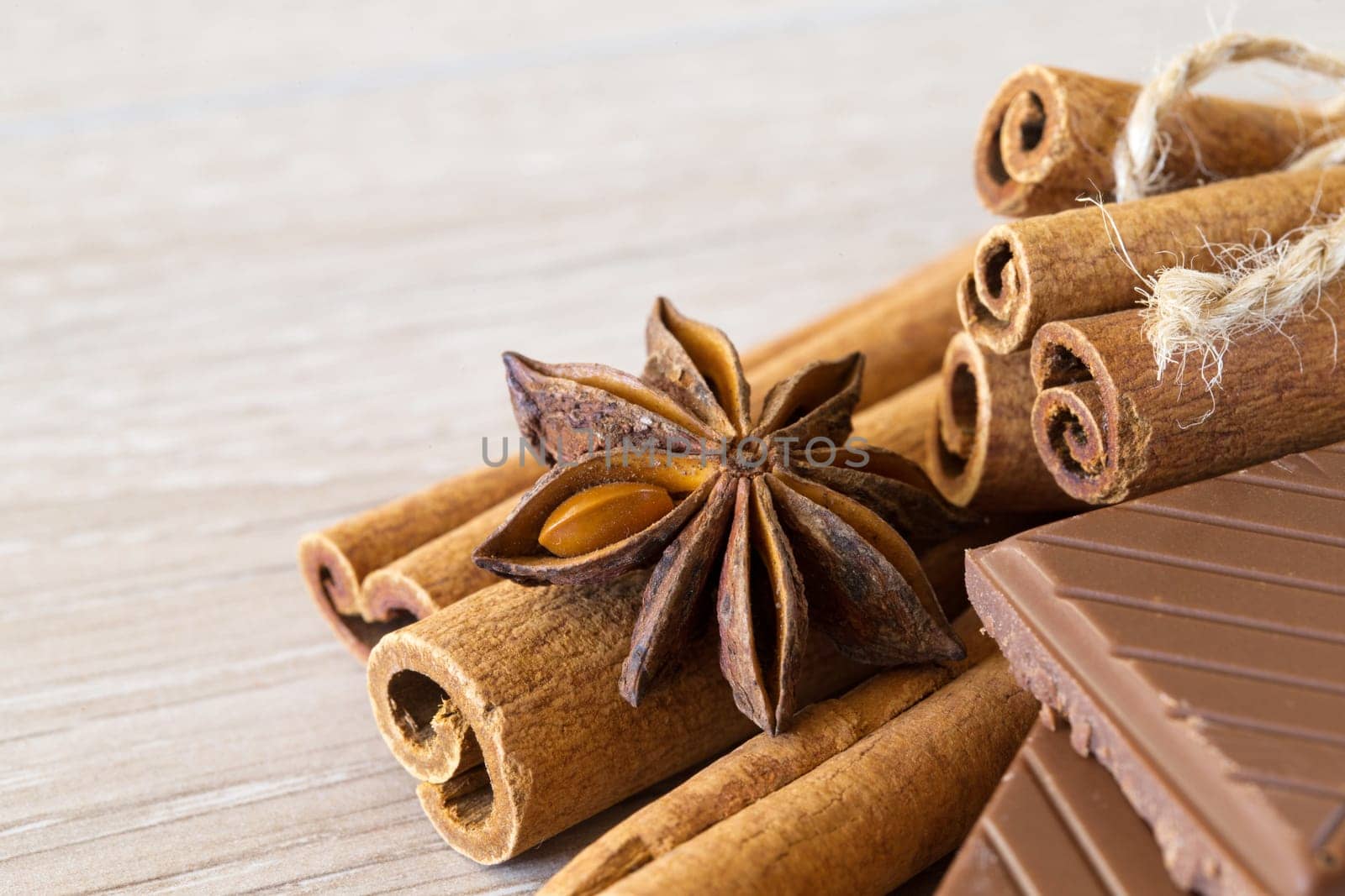 anise and cinnamon, on wooden table..