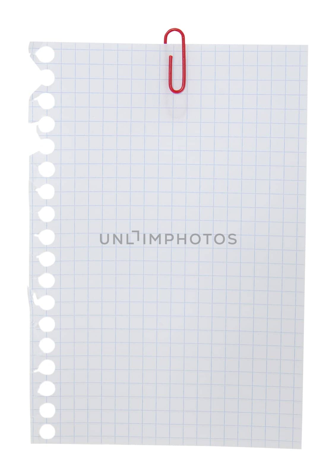 Blank note paper and red paper-clip isolated  on white