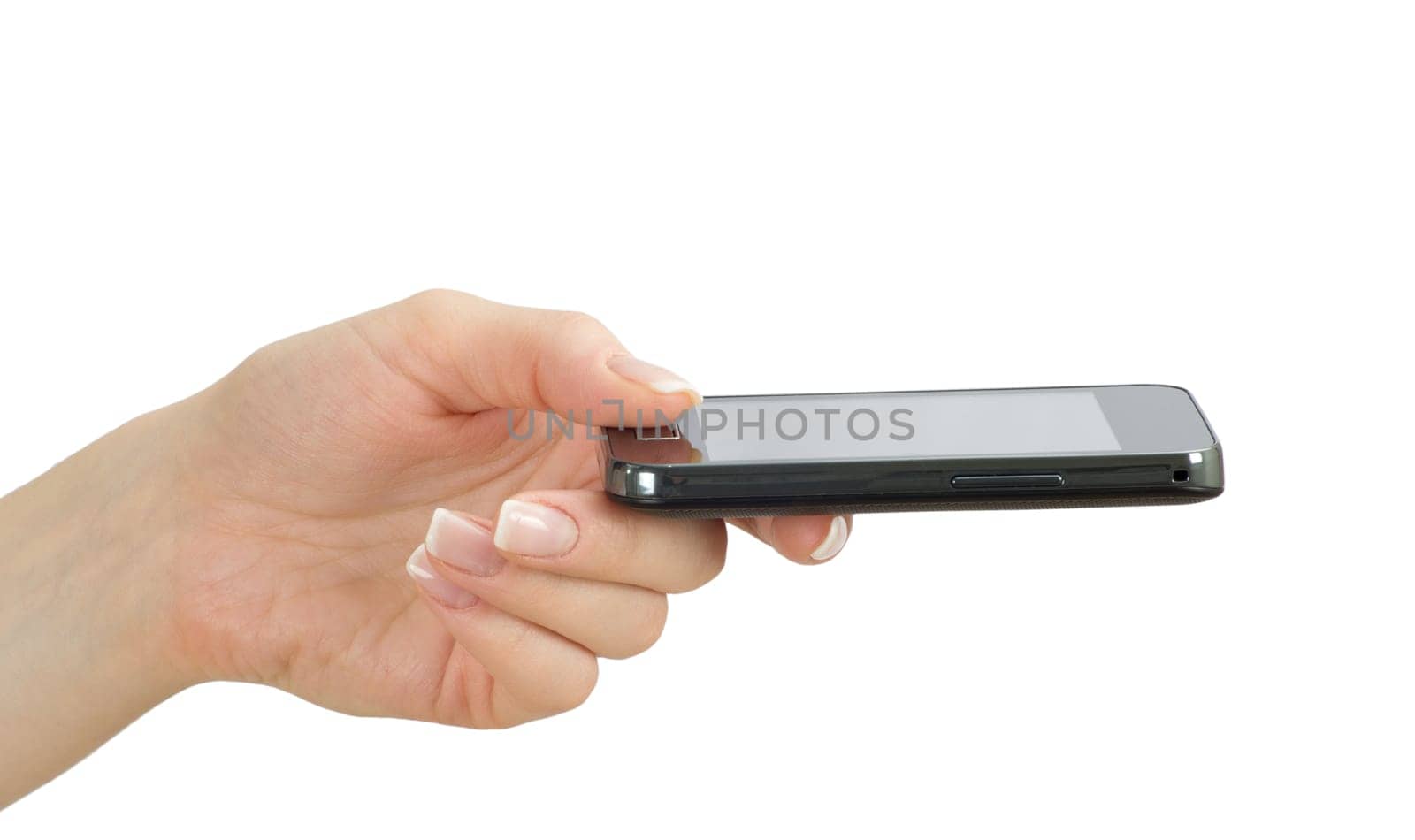 Hand holding mobile isolated on white