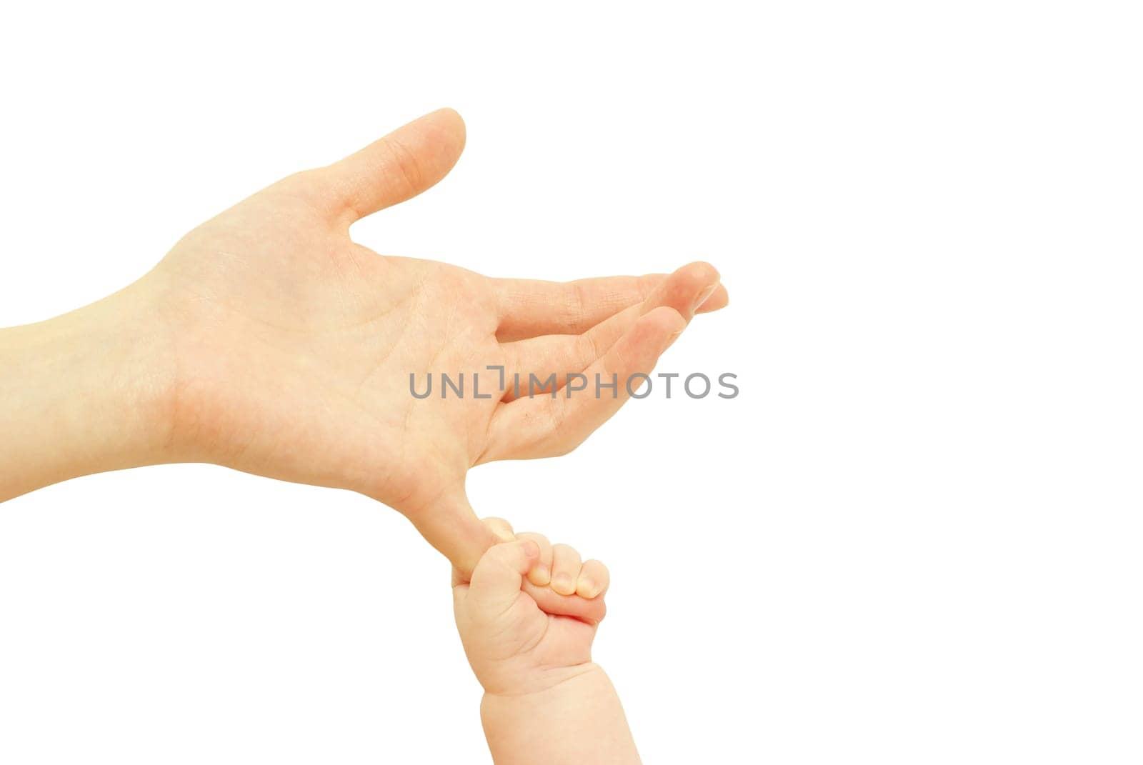 Baby hand holding mother finger isolated on white