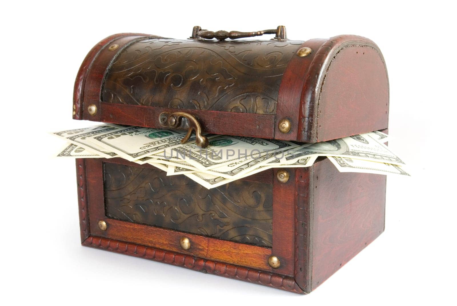old  box with money inside on white