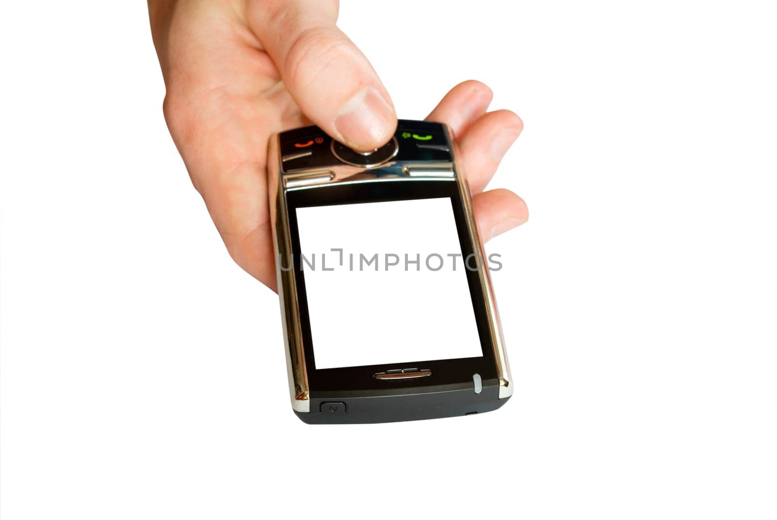 hands with mobile on white
