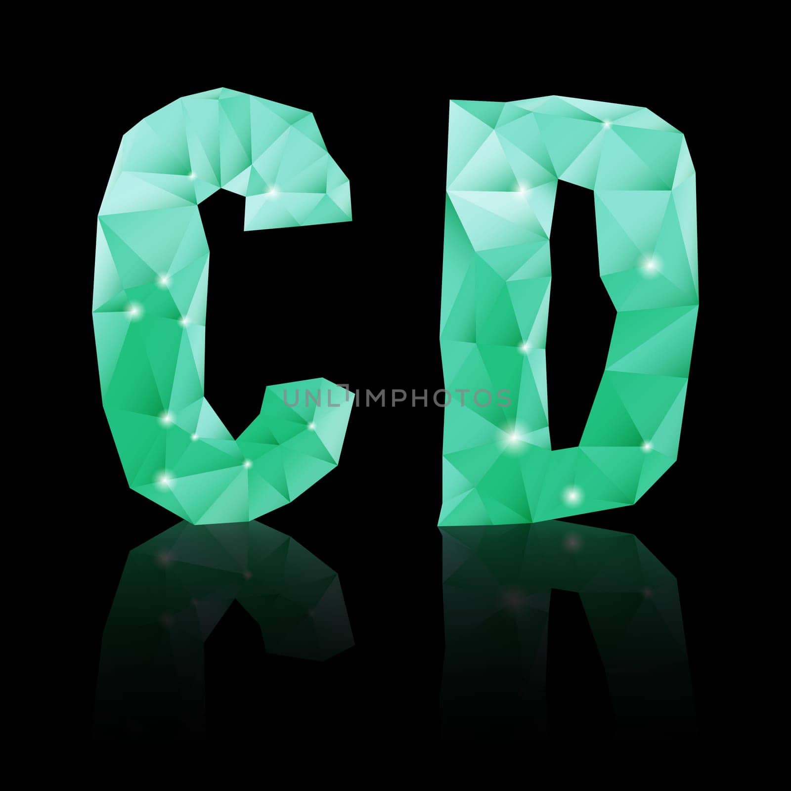 Shiny emerald green polygonal font with reflection on black background. Crystal style C and D letters