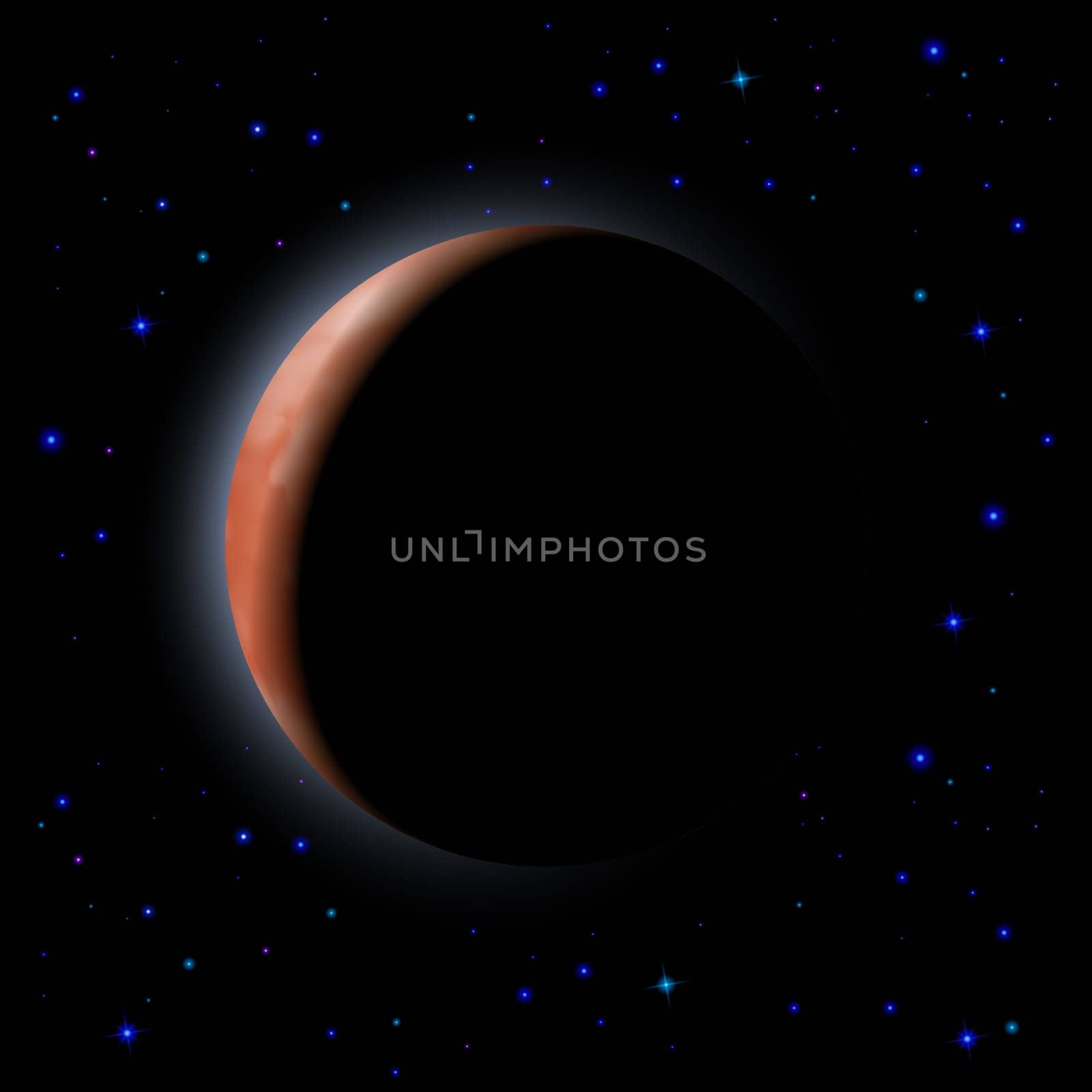 Eclipse of the planet on the black background. Shining stars.
