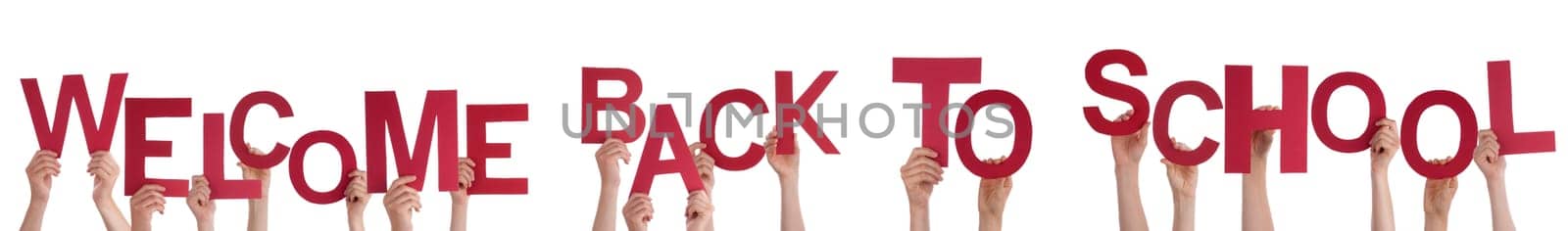 Many Hands or Children Holding the Words Welcome Back To School, Isolated