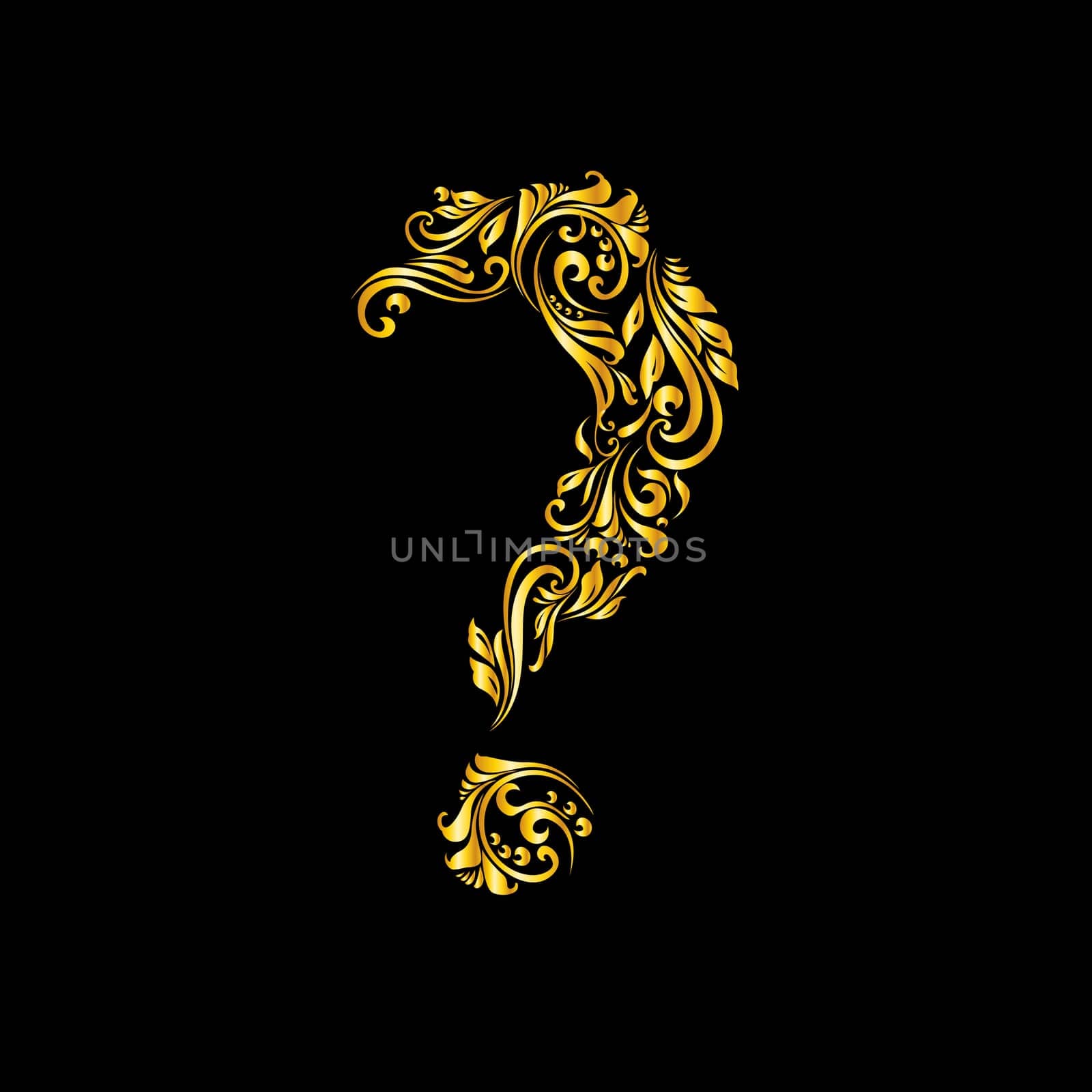 Richly decorated golden question mark with twirls.