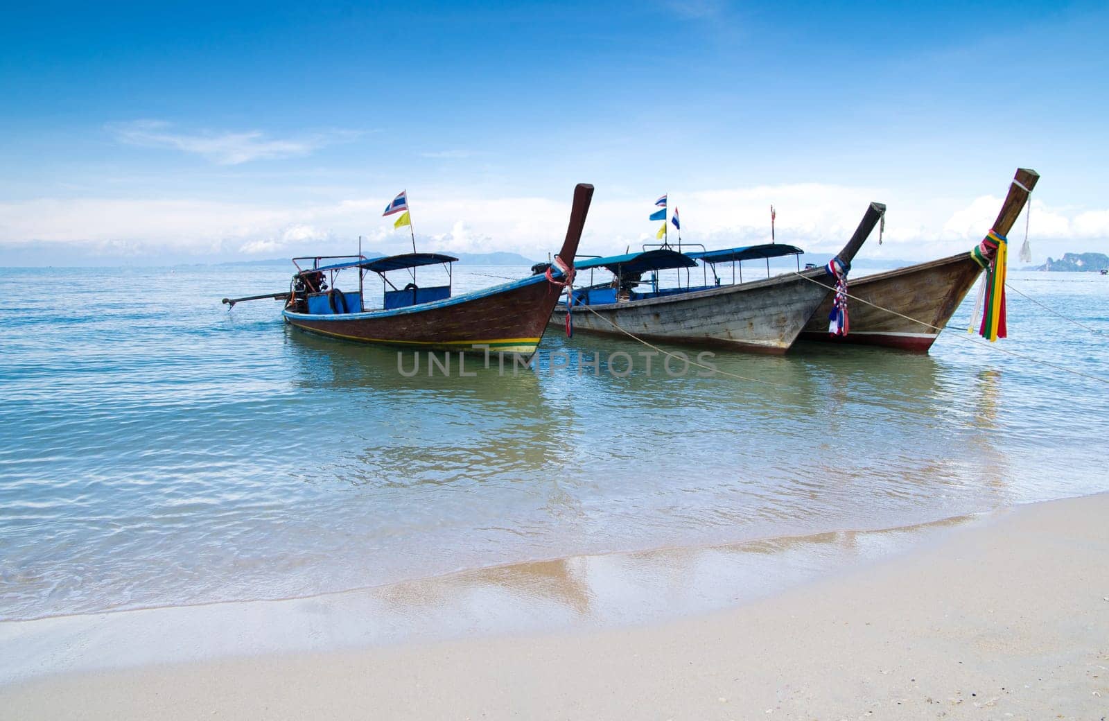 Tropical beach, longtail boats, Andaman Sea, Thailand